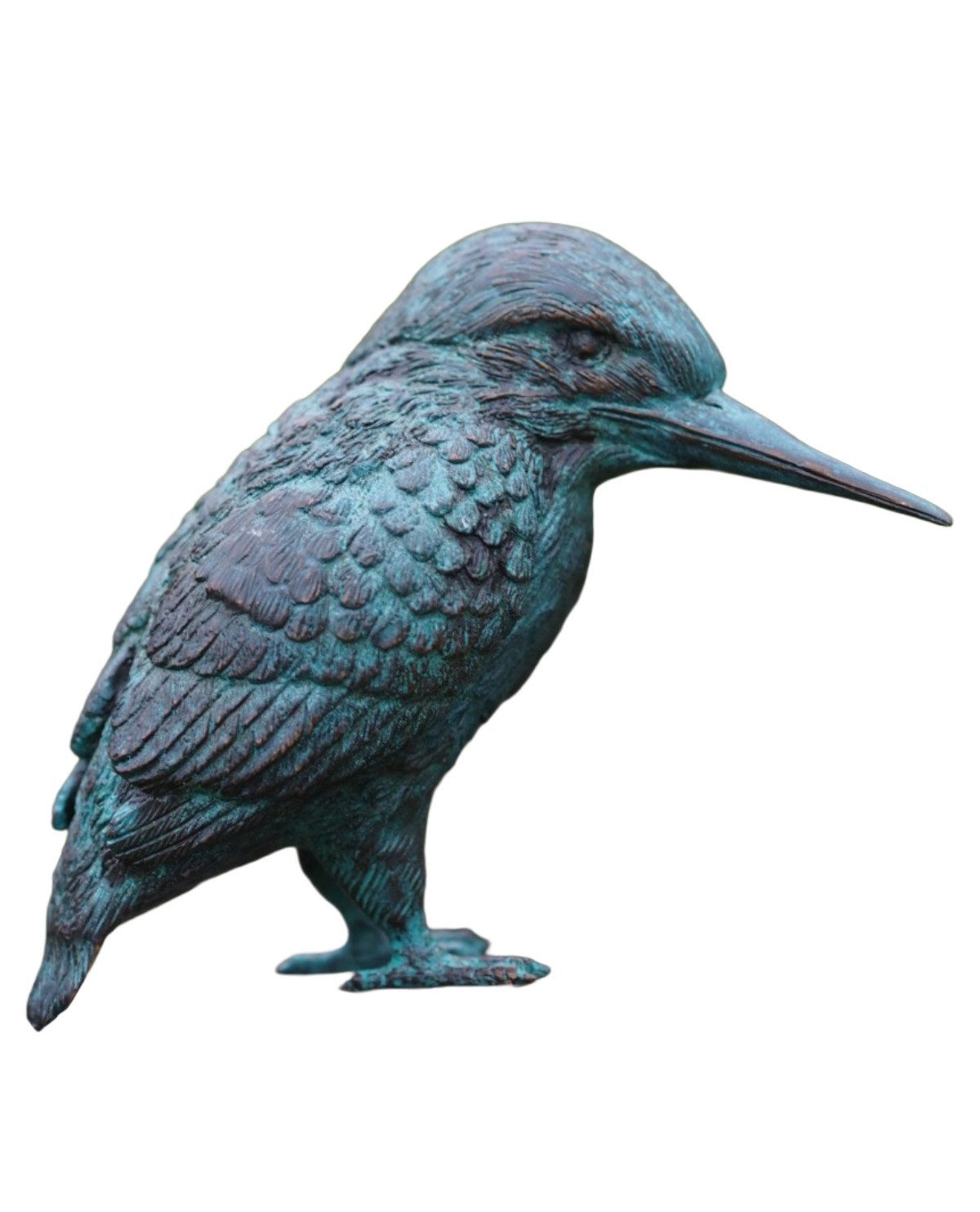 Bronzeskulpturen Skulptur stehender Eisvogel zur Seite schauend