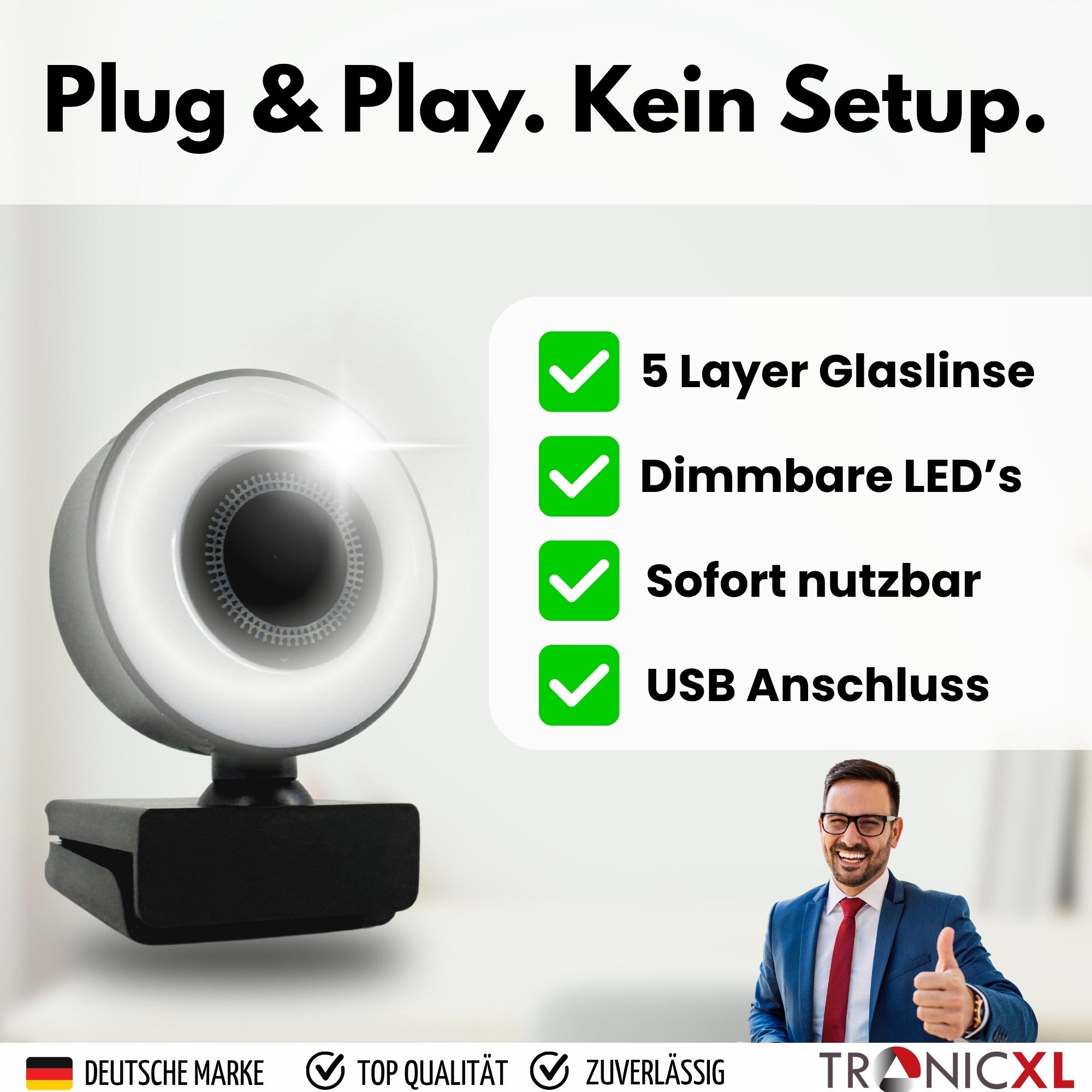 TronicXL Webcam mit Ringlicht Full HD Lampe USB PC Kamera Konferenz Streaming Full HD-Webcam (Full HD, Streamer Streaming Gamer Gaming Videokonferenz)