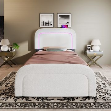 PHOEBE CAT Polsterbett (Einzelbett 90x200cm mit LED-Beleuchtung), mit USB Typ C Ladefunktion, Lattenrost aus Holz, Lammwolle-Bezug