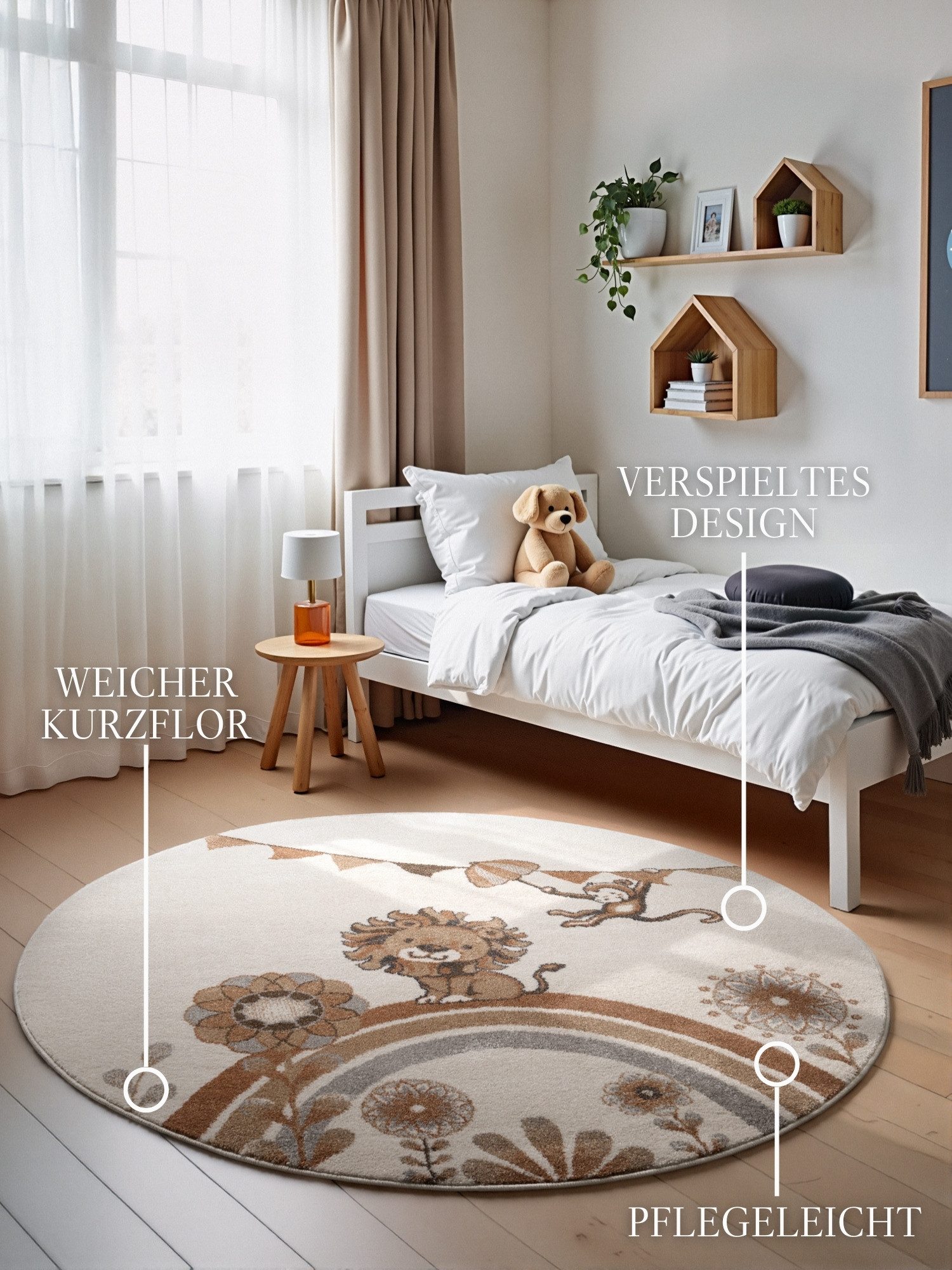 Villeroy & Boch Kinderteppich Roar like a Lion Teppich, rund, Höhe: 9 mm, Spielteppich weich, Kinderzimmer, Boho Kids Spielunterlage, Tieremotiv