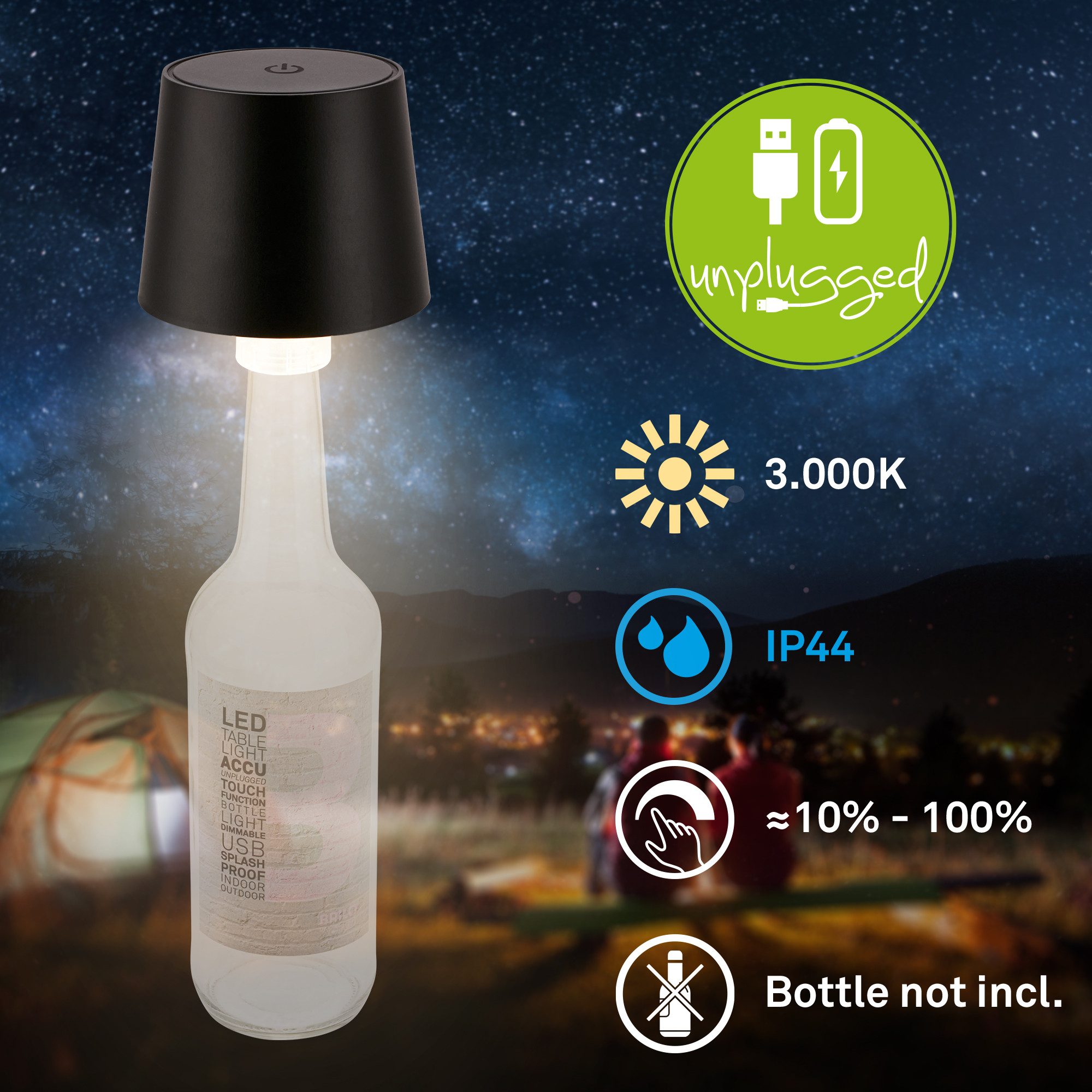 Briloner Leuchten LED Tischleuchte Akku kabellos Aufsatz für Flaschen, LED fest integriert, LED Flaschenlampe 10,5 x 11,5 cm (DxH) 1,8W Schlafzimmer Wohnzimmer
