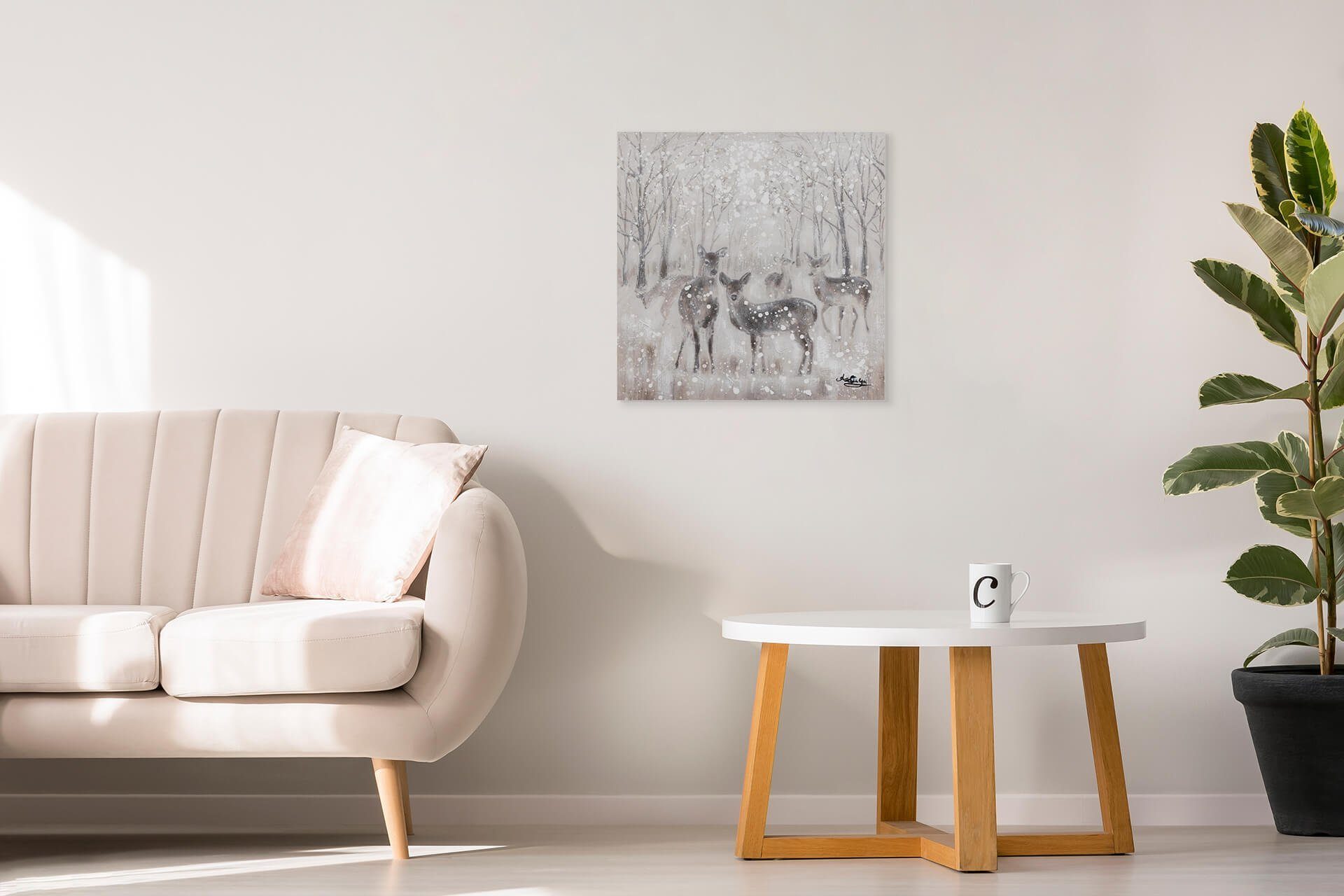 Wohnzimmer 100% Gemälde KUNSTLOFT Forest HANDGEMALT 60x60 Wandbild Leinwandbild cm, Snowy
