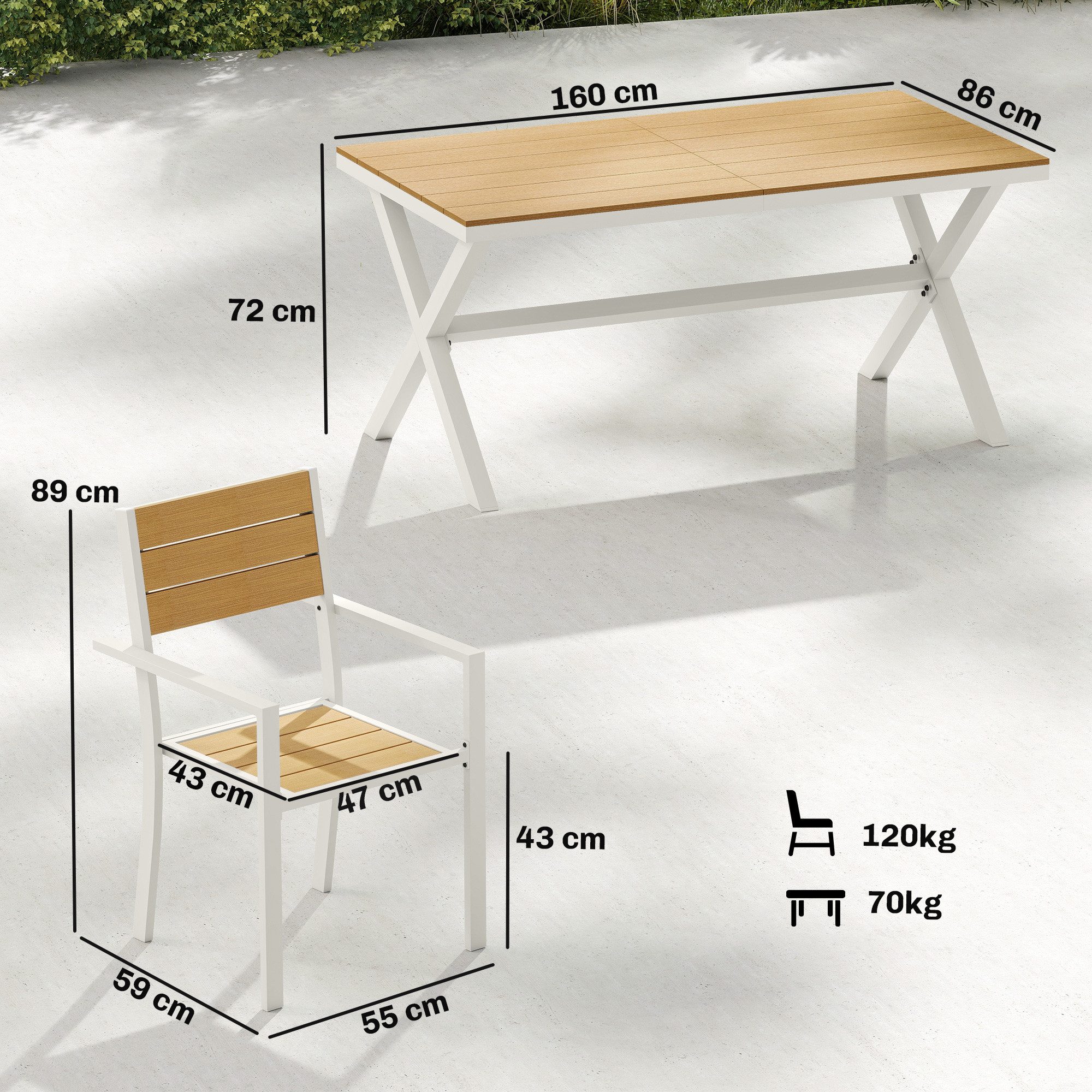 Outsunny Garten-Essgruppe mit 6 stapelbare Stühlen, Holzoptik, Aluminiumrahmen, Lamellsitz, (Sitzgruppe, 7-tlg., Gartenmöbel Set), für Garten Terrasse Teak