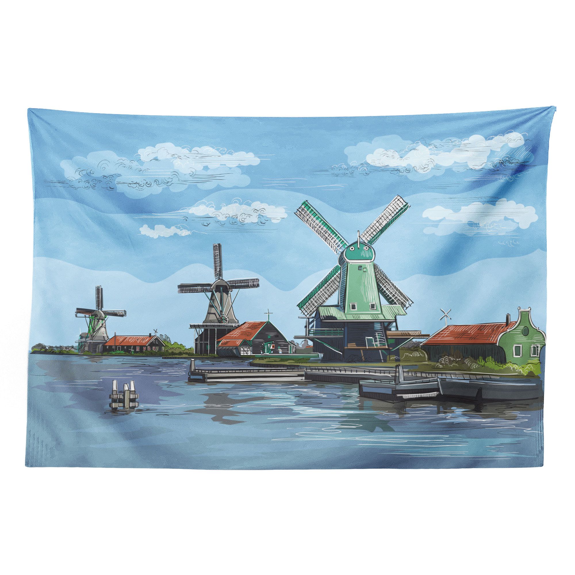 Abakuhaus Wandteppich aus Weiches Mikrofaser Stoff Für das Wohn und Schlafzimmer, rechteckig, Amsterdam Cartoon-Stil Windmühle