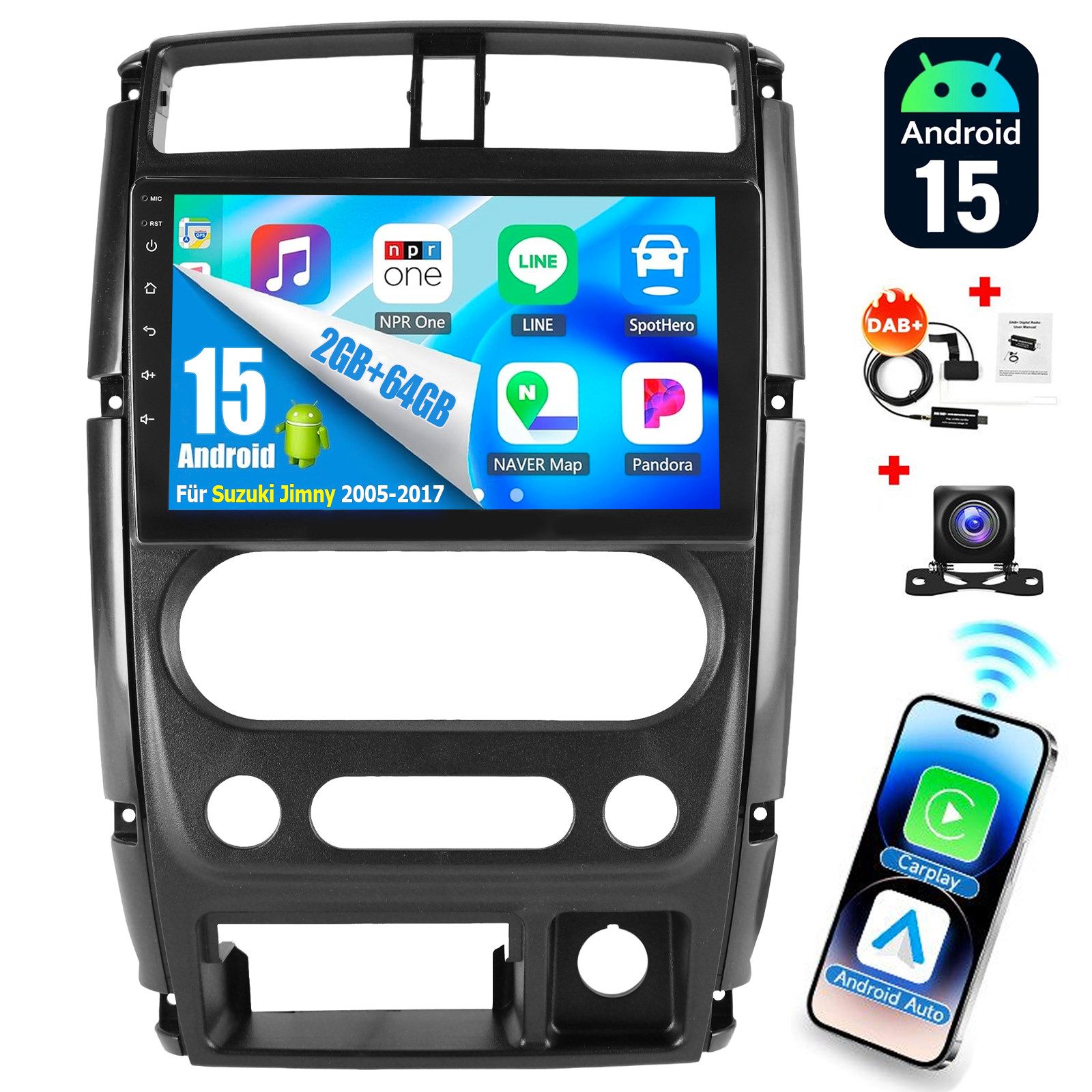 ESSGOO Android15 Apple Carplay Autoradio GPS Navi Für Suzuki Jimny SN 2005-17 Autoradio (DAB (optional), DAB+ (optional), 4+64GB(optional), RDS, AM, FM, Carplay Android Auto Bluetooth EQ USB GPS Navi WIFI Touchscreen)
