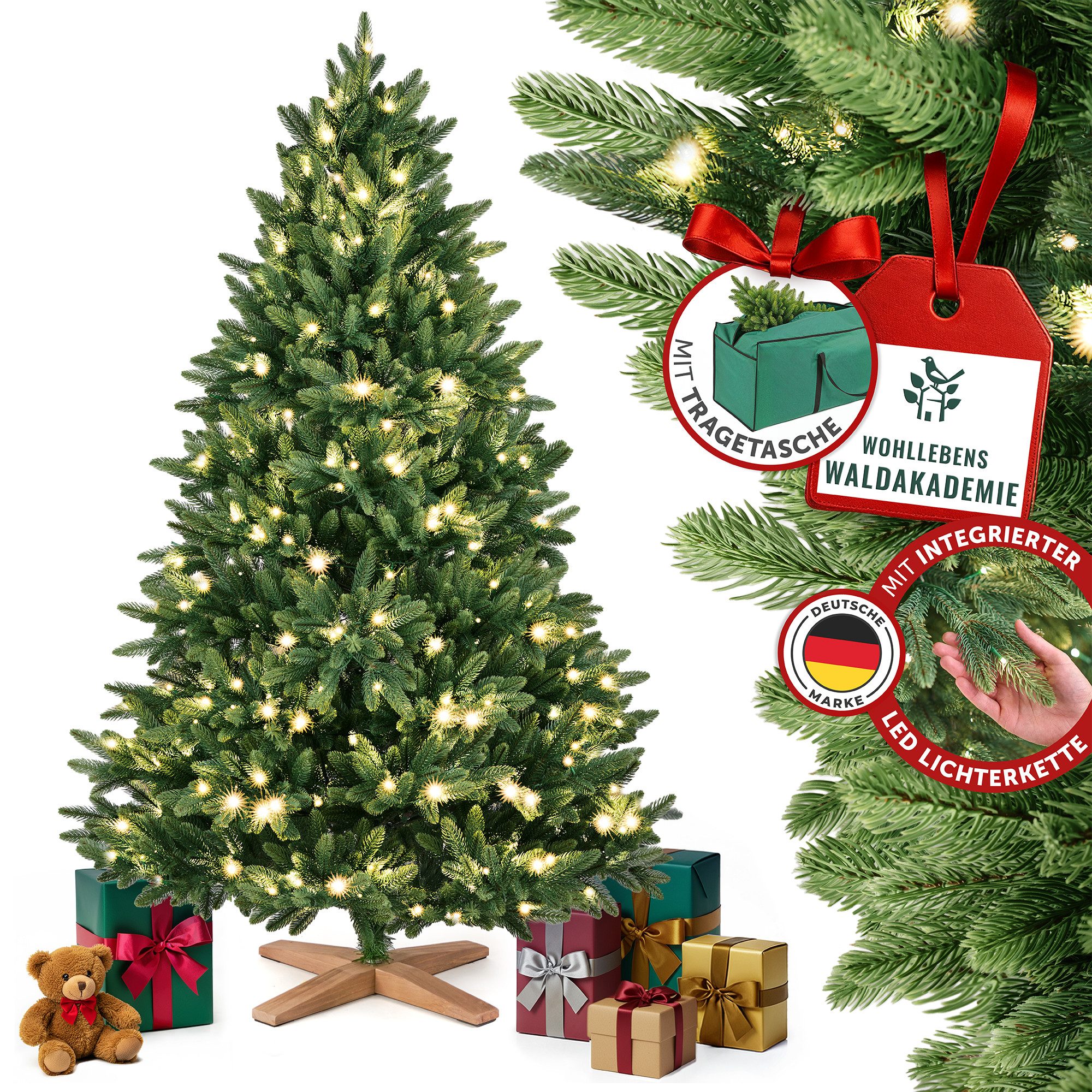 MERRY TREE Künstlicher Weihnachtsbaum Luxus Kunst-Tannenbaum, 100 % PE-Nadeln, Holzfuß, Nordmantanne, mit/ohne LED-Beleuchtung, Tannenbaum Spritzguss