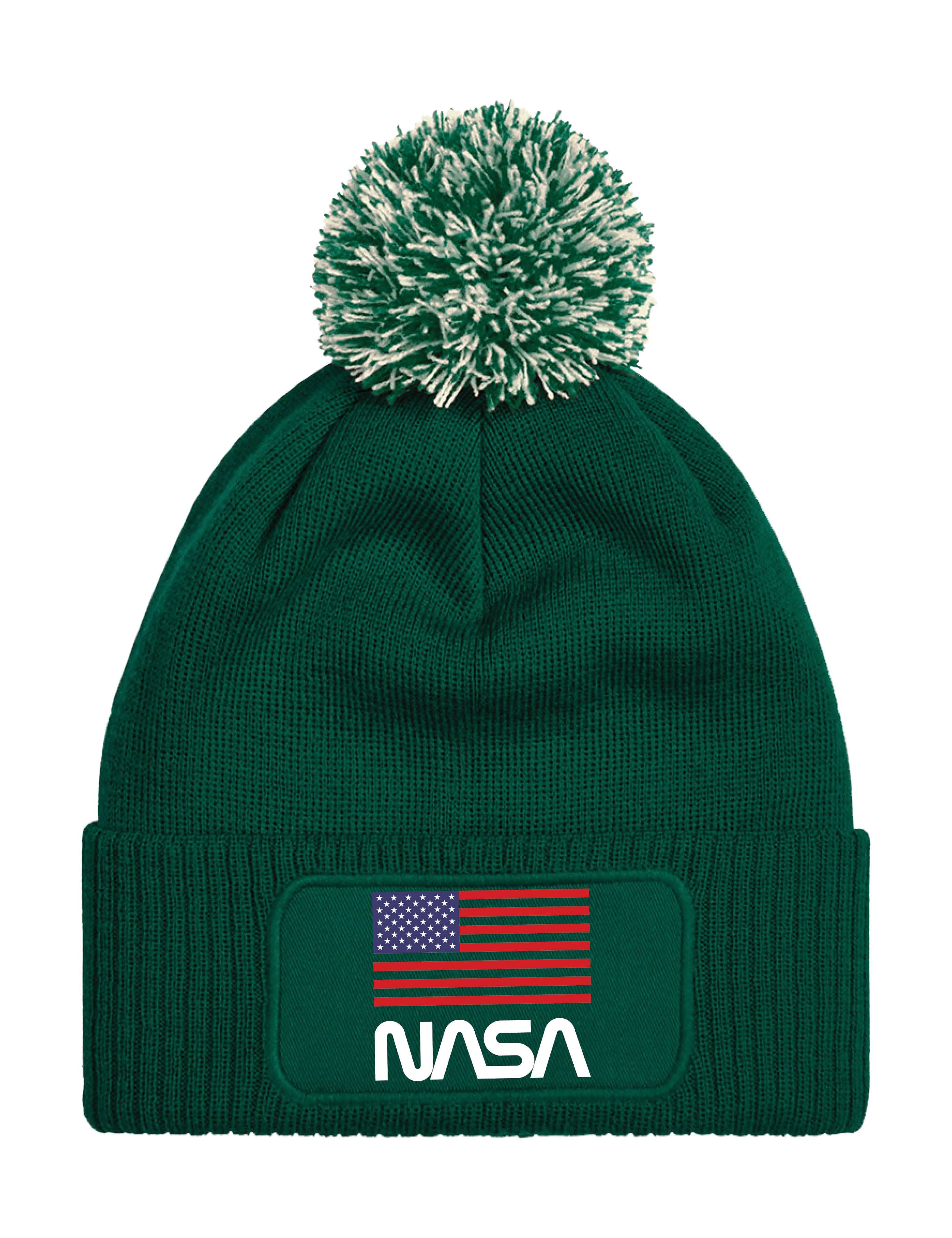 Youth Designz Beanie Unisex Strick Bommel Beanie Mütze mit Nasa USA Aufdruck mit lustigen Logo für Damen und Herren