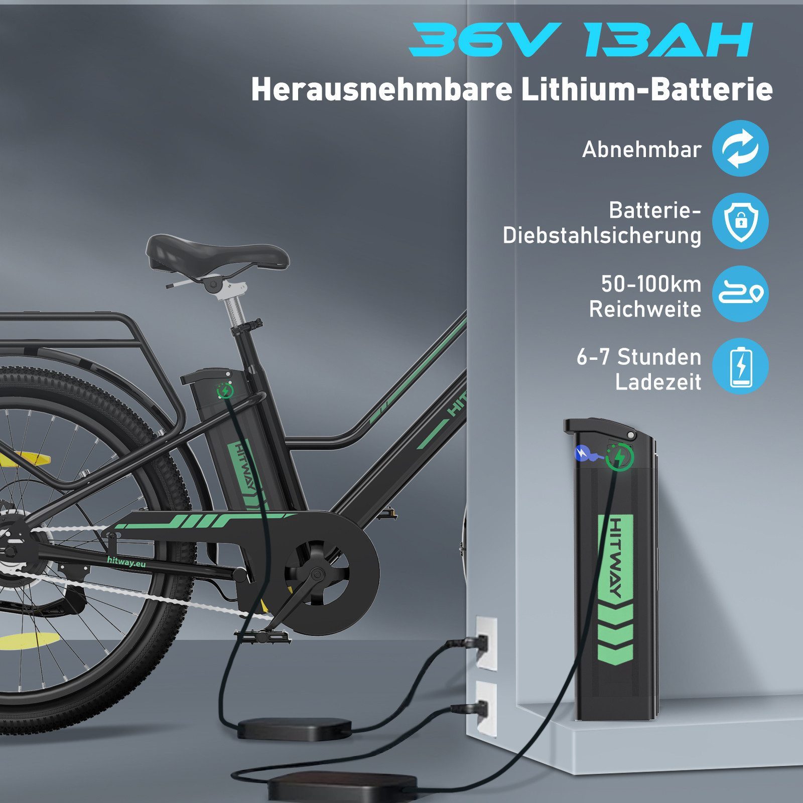HITWAY E-Bike Cityrad 27,5 Zoll Elektrofahrrad für Damen Herren, Pedelec mit 36V 13Ah Akku, 1 Gang, 250W Heckmotor, 468 Wh, E-fahrräde, E-Citybike mit Schloss, Pumpe, APP