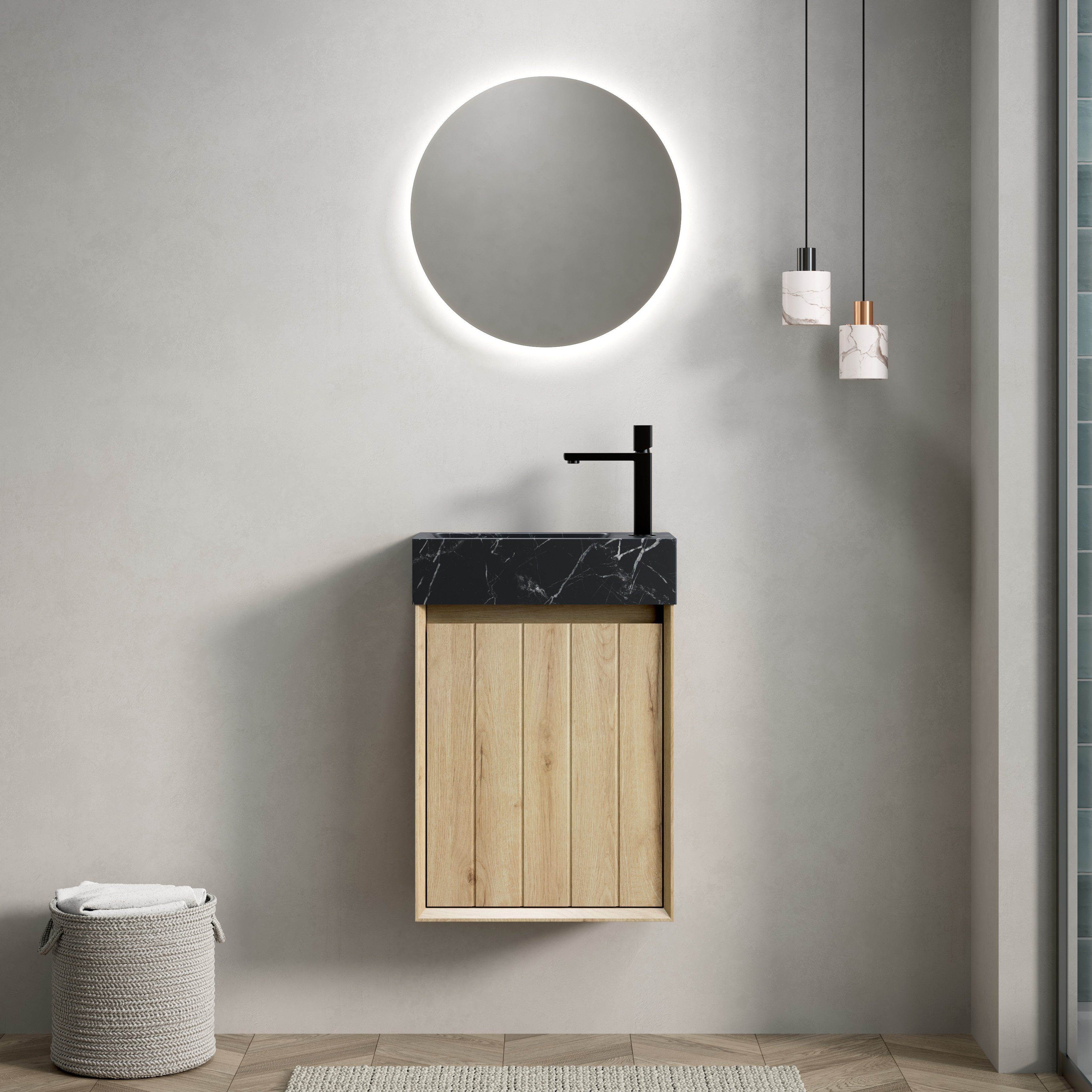 IDEASY Waschbecken Unterbauwaschbecken schwarzer Marmor 40cm Eichenschrank