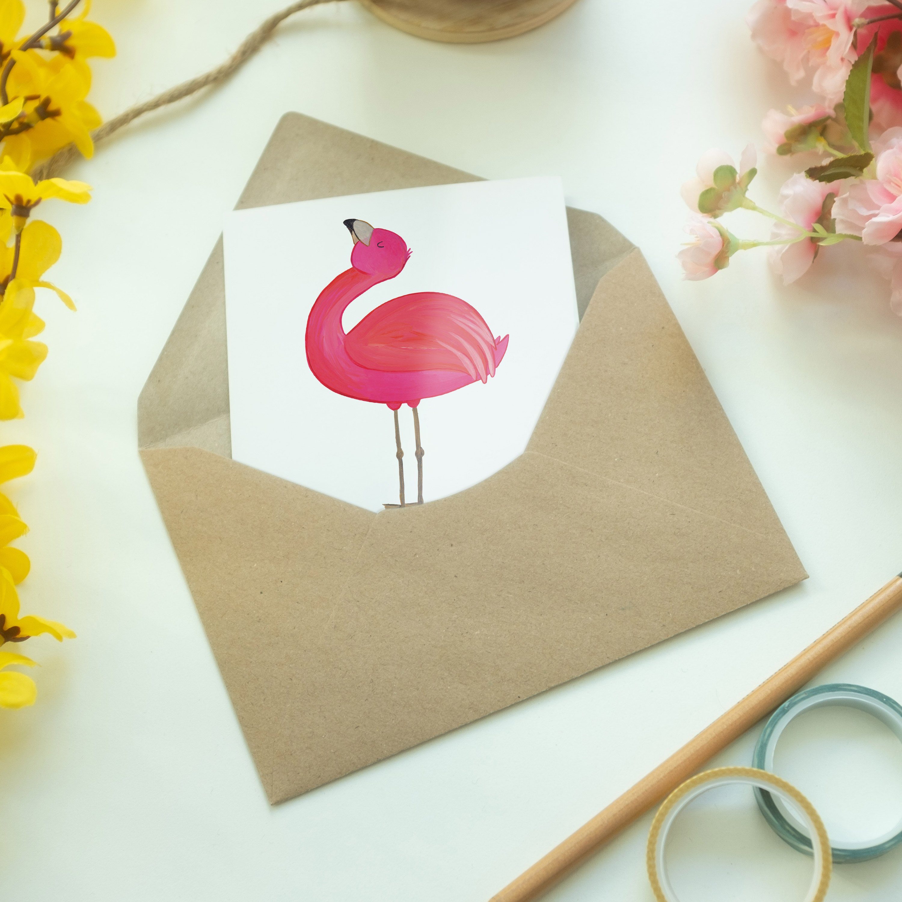 Mr. & Mrs. Panda Grußkarte Flamingo stolz - Weiß - Geschenk, Klappkarte, Schwester, Karte, beste