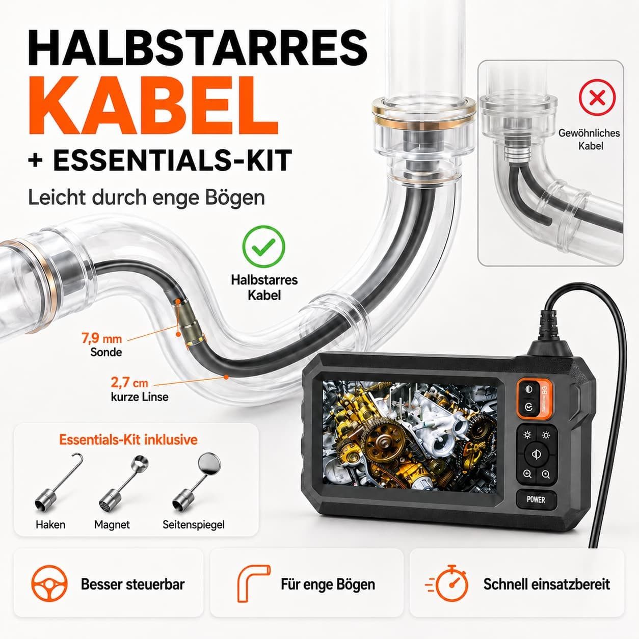ANYSUN Endoskopkamera 4.3" IPS Bildschirm mit LED Licht HD Rohrkamera Inspektionskamera (Endoskop, Professionelles Endoskop 5 m Kabel für Auto, Haus & Rohrinspektion)