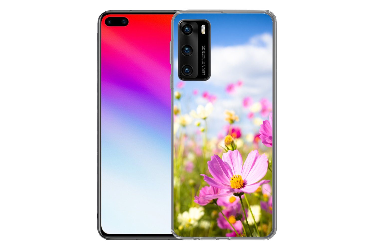 MuchoWow Handyhülle für Huawei P40 Blumen - Wiese - Lila - Gras - Weiß - Wolken - Blau, Handy Case, Silikon, Bumper Case Dünn