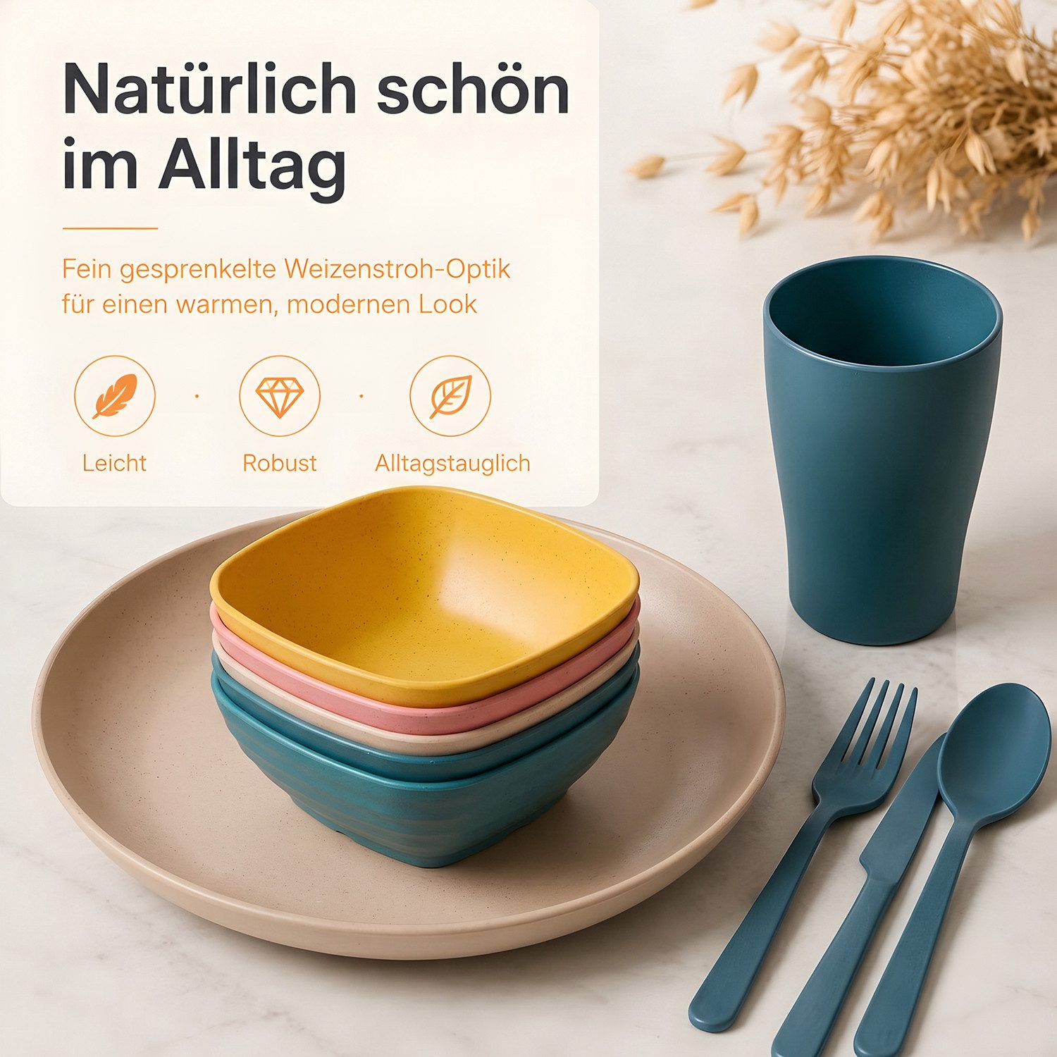 SURFOU Kombiservice Geschirr-Set 54 Teiliges Unzerbrechliches Wiederverwendbar Camping (54-tlg), für 6 Personen Plastikgeschirr Picknick Leicht Bunt Grill Kunst – Bild 4 von 5