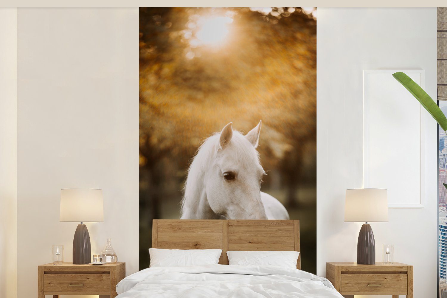 MuchoWow Fototapete Pferd - Sonne - Herbst - Tiere - Natur, Matt, bedruckt, (2 St), Vliestapete für Wohnzimmer Schlafzimmer Küche, Fototapete