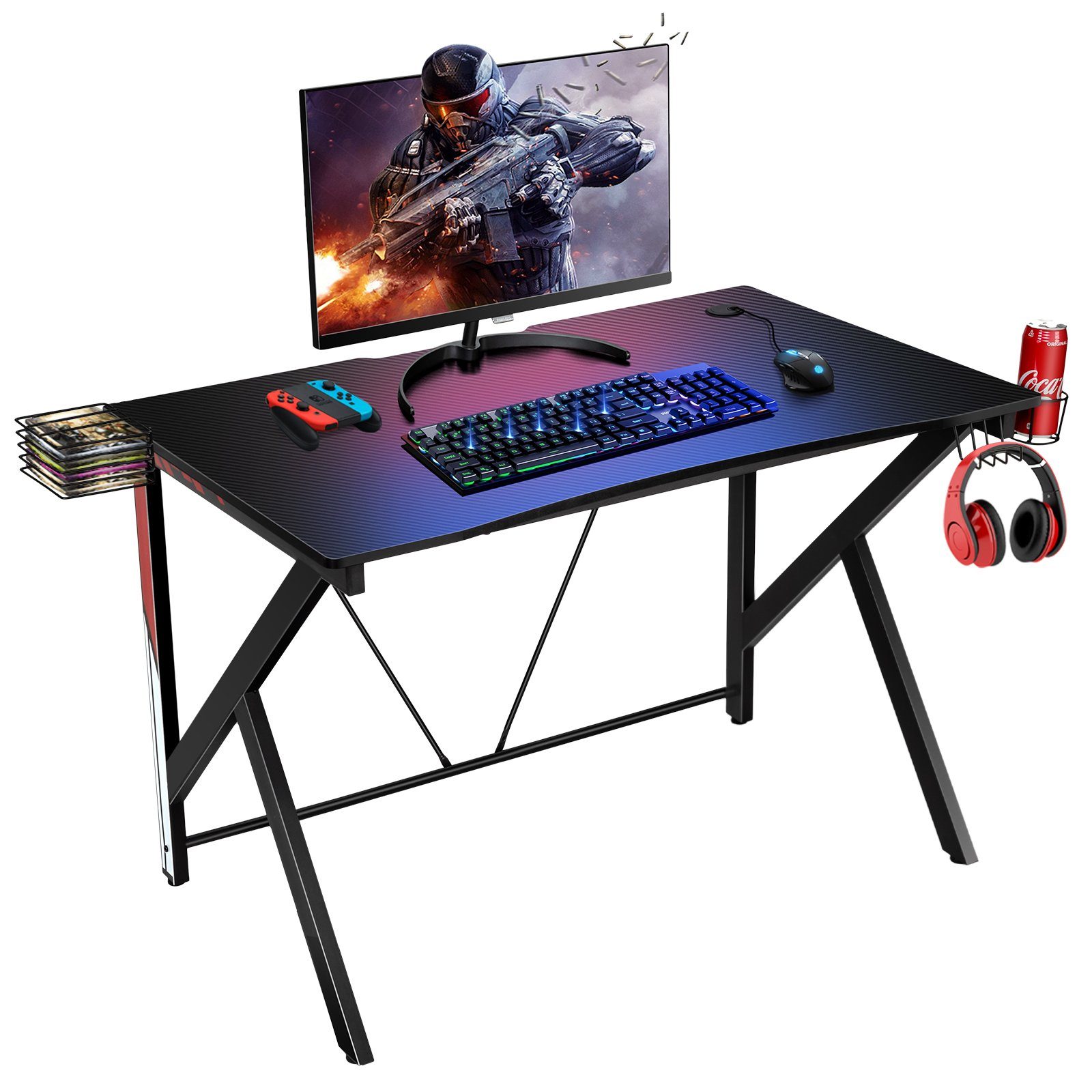 COSTWAY Gamingtisch, K-förmig mit Getränkehalter, Videoablage, 115cm