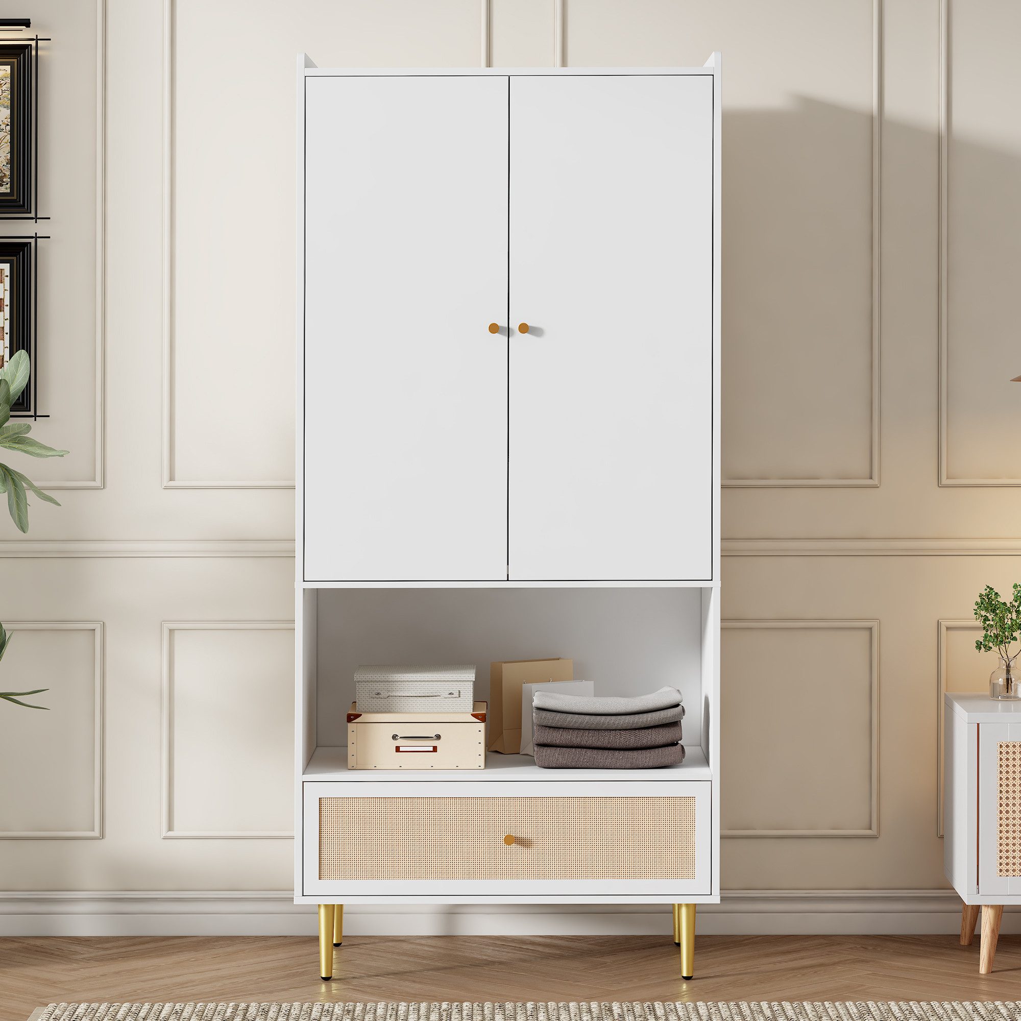 STILVORA Garderoben-Set Kleiderschrank mit Schublade & Kleiderstange für Wohn-,Schlaf und Flur, (Kleiderschrank– mit Rattan-Schublade Natural+White, 1-St., B48/T80/H175 cm)