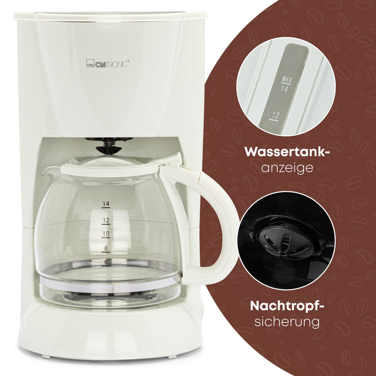 CLATRONIC Filterkaffeemaschine KA 3473 weiß, für 12-14 Tassen, 900W, Nachtropfsicherung