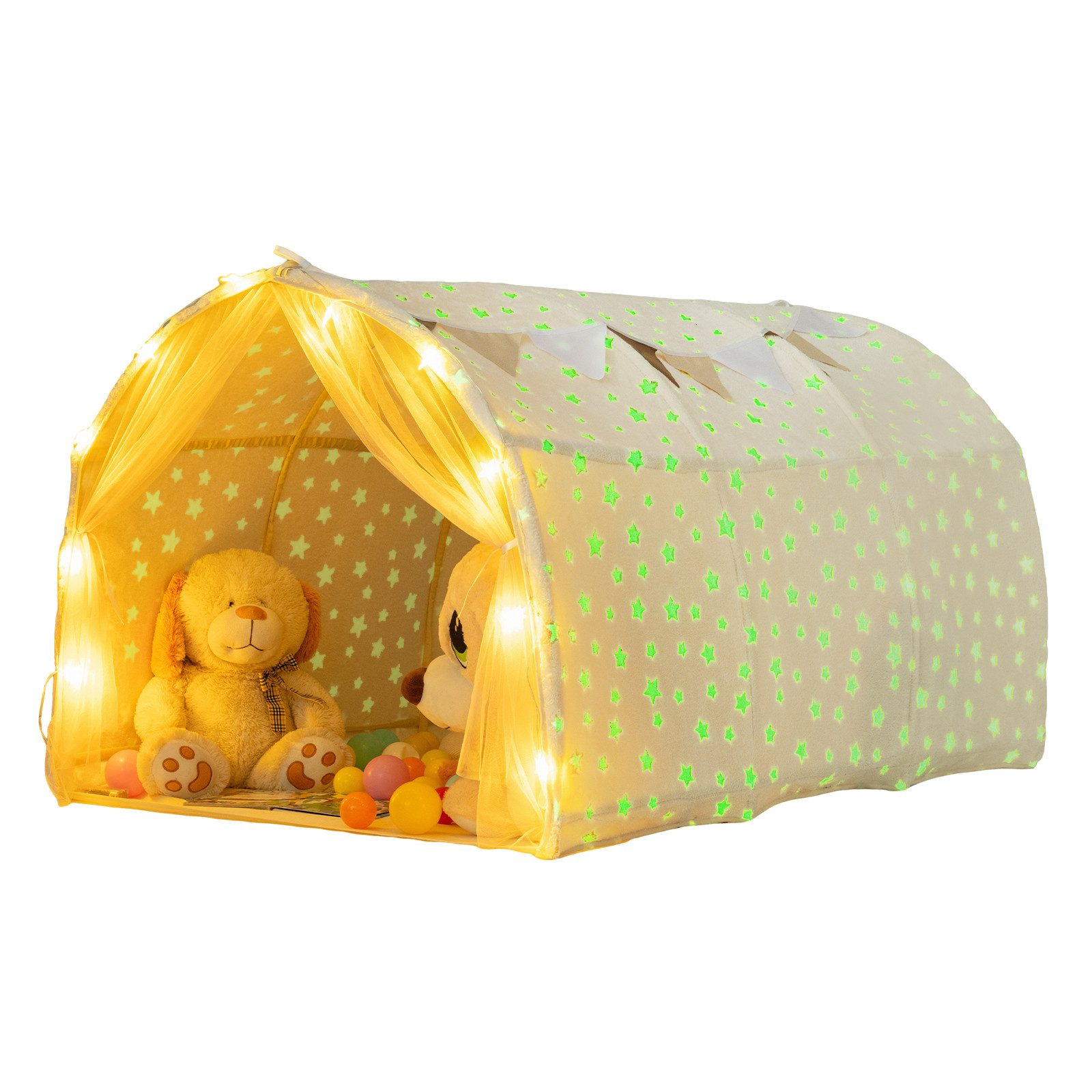 COSTWAY Bettzelt Magischer Spielzelt mit Leuchtsternen & Netzvorhängen