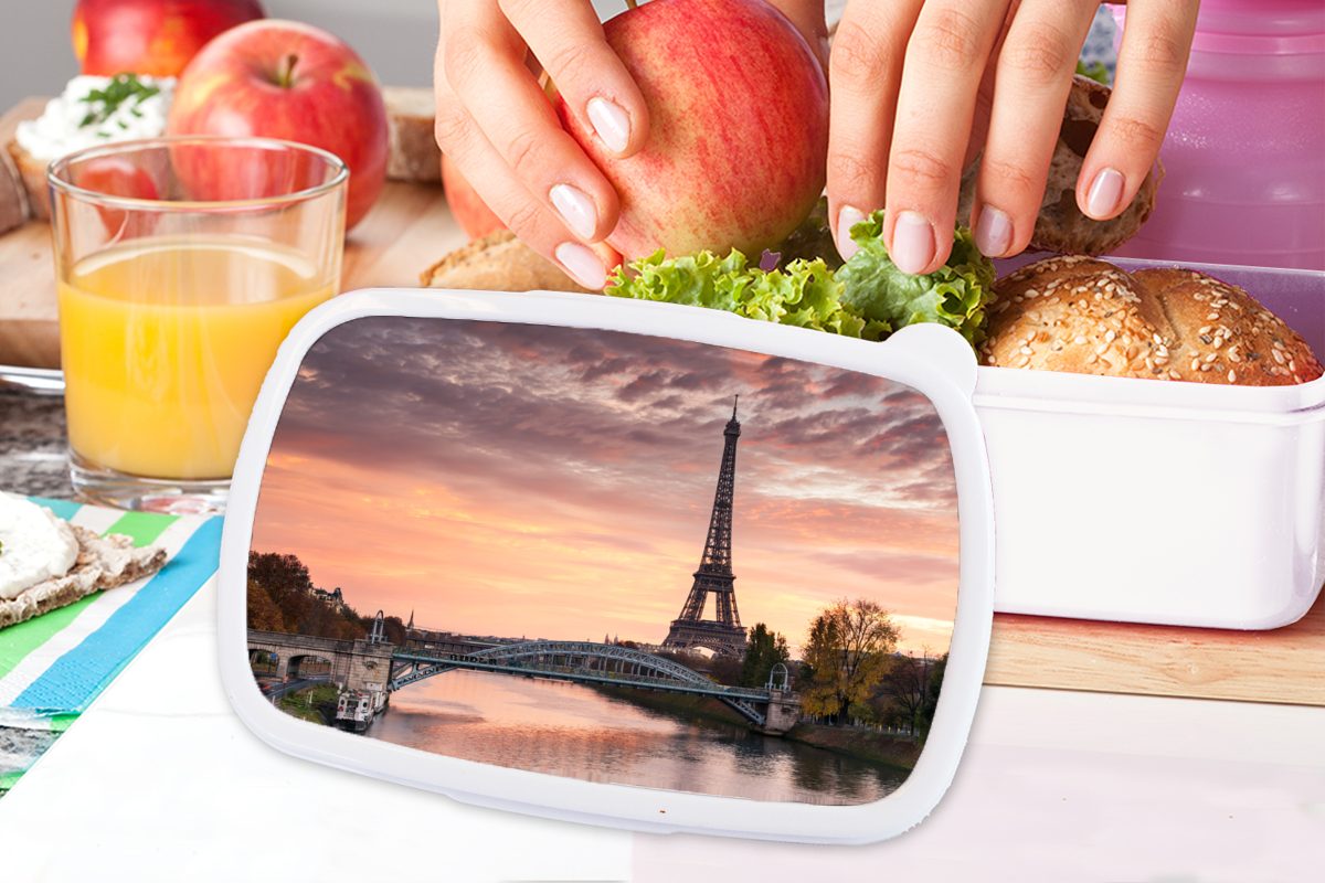 (2-tlg), Erwachsene, über und Brotdose, Ein für MuchoWow orangefarbener Kunststoff, Paris, weiß in Lunchbox Kinder Himmel Eiffelturm und wunderschöner Jungs Mädchen für Brotbox dem