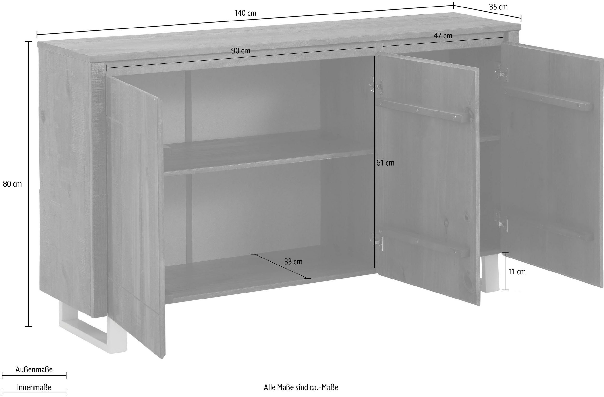 loft24 Sideboard Laslo, Sideboard aus massiver Kiefer im Landhausstil, Metallkufen in weiß
