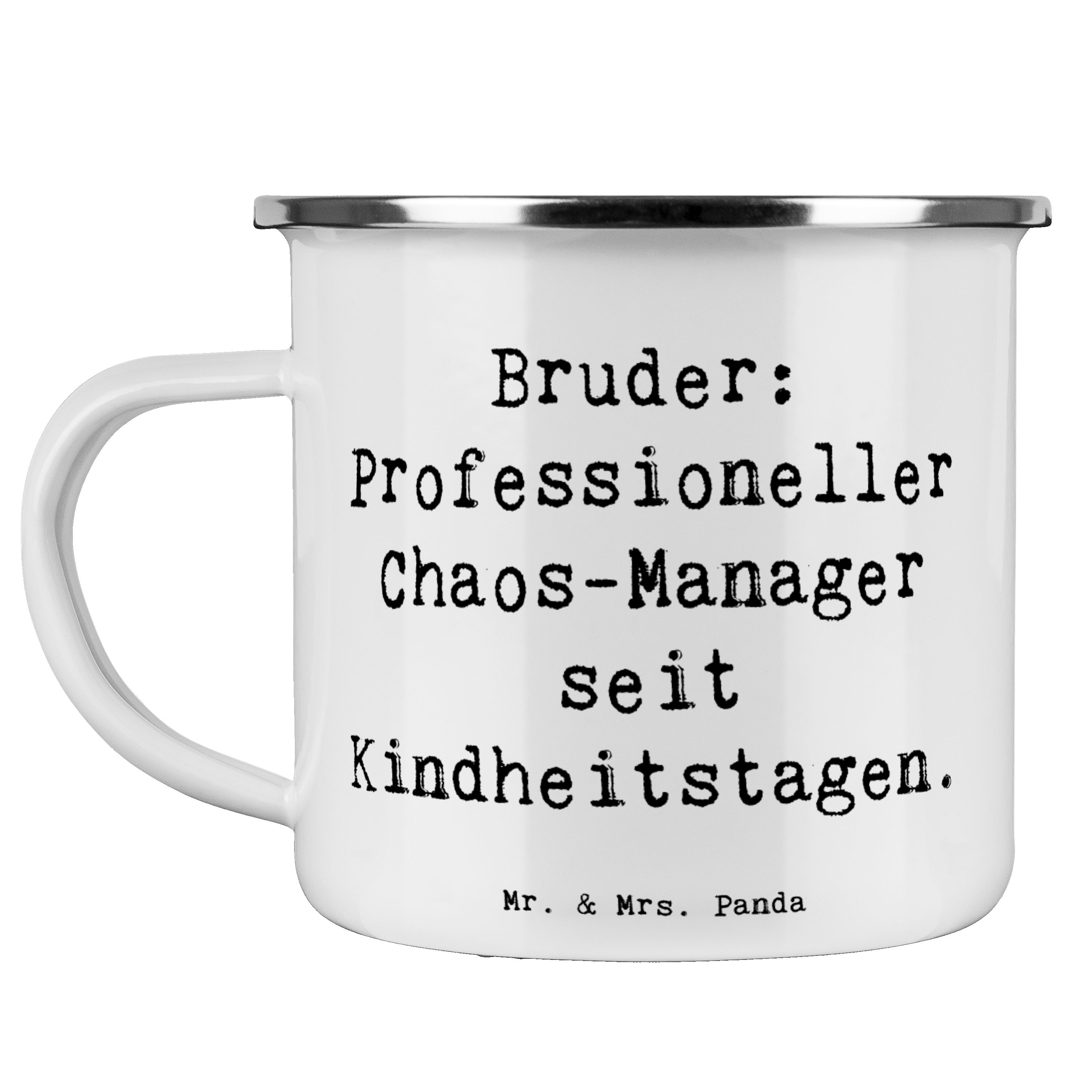 Mr. & Mrs. Panda Becher Spruch Bruder Chaos-Manager, Haferl, Weiß, Chaos, einzigartige Design, 1-tlg., Emaille