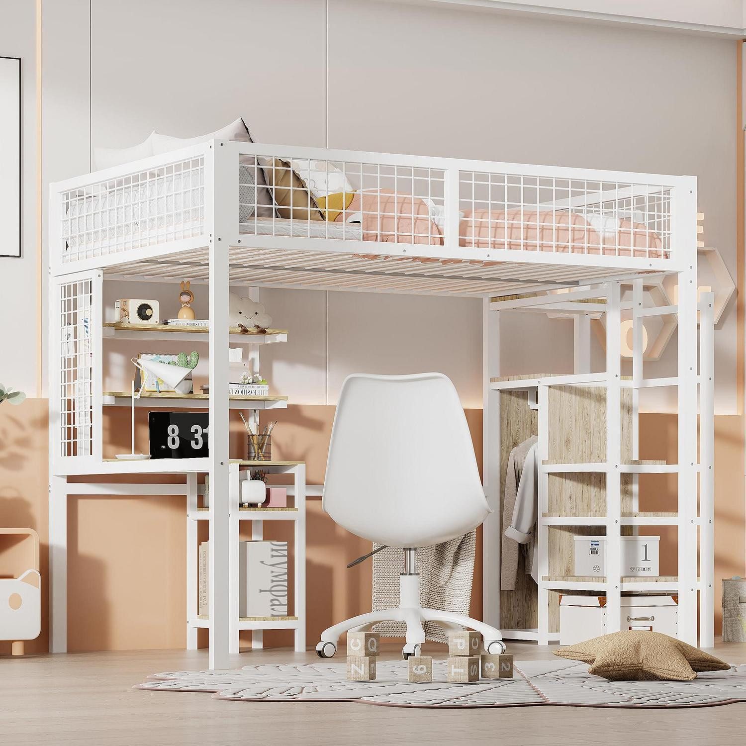 LuxusKollektion Kinderbett Hochbett mit Leiter und Kleiderschrank 90x200 Weiß