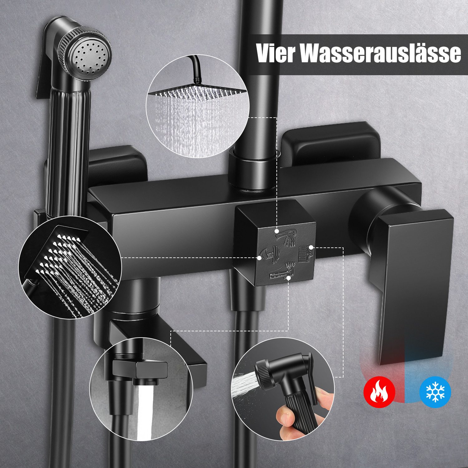 LOVONLIVE Duschsystem Edelstahl Duschstange Set Messing Wasserhahn Duschset, 4 Strahlart(en), Thermostat Duschstangen Edelstahl Duscharmaturen Set Wassersparend