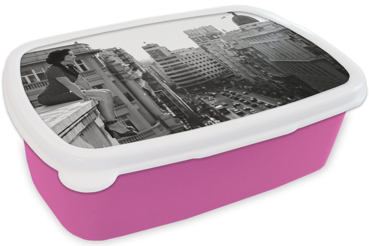 Madrid Spanien Brotbox - Frau, Kunststoff Snackbox, rosa - Architektur Kinder, MuchoWow Brotdose Erwachsene, Lunchbox Kunststoff, für (2-tlg), Mädchen, -
