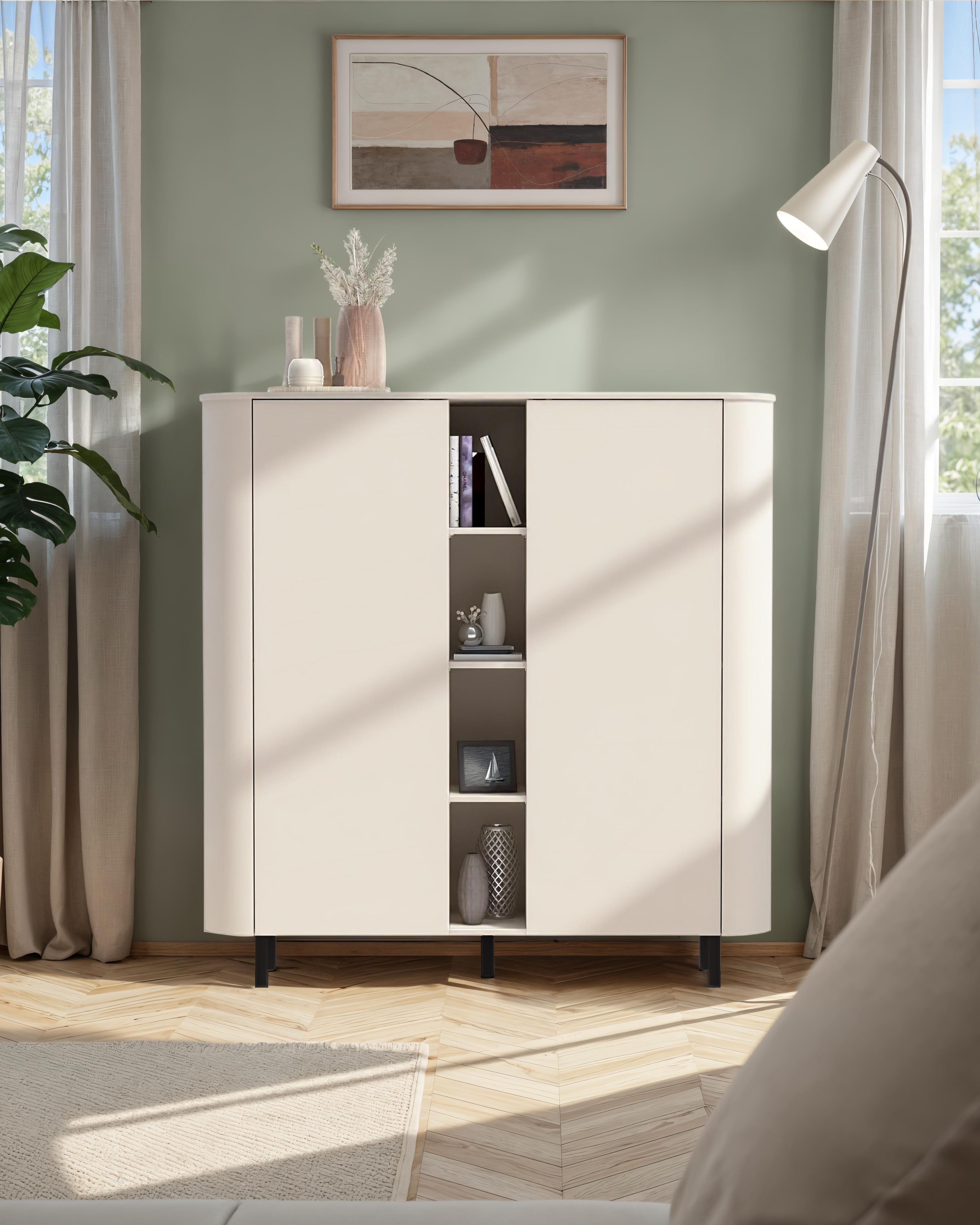 OTTO home Highboard Lido, B/H 150/154 cm, 2 Türen, 4 offene Fächer, Stauraumschrank, Formgebogenes MDF, Stirnseiten mit Rundung, Push-to-open, Metallfüße