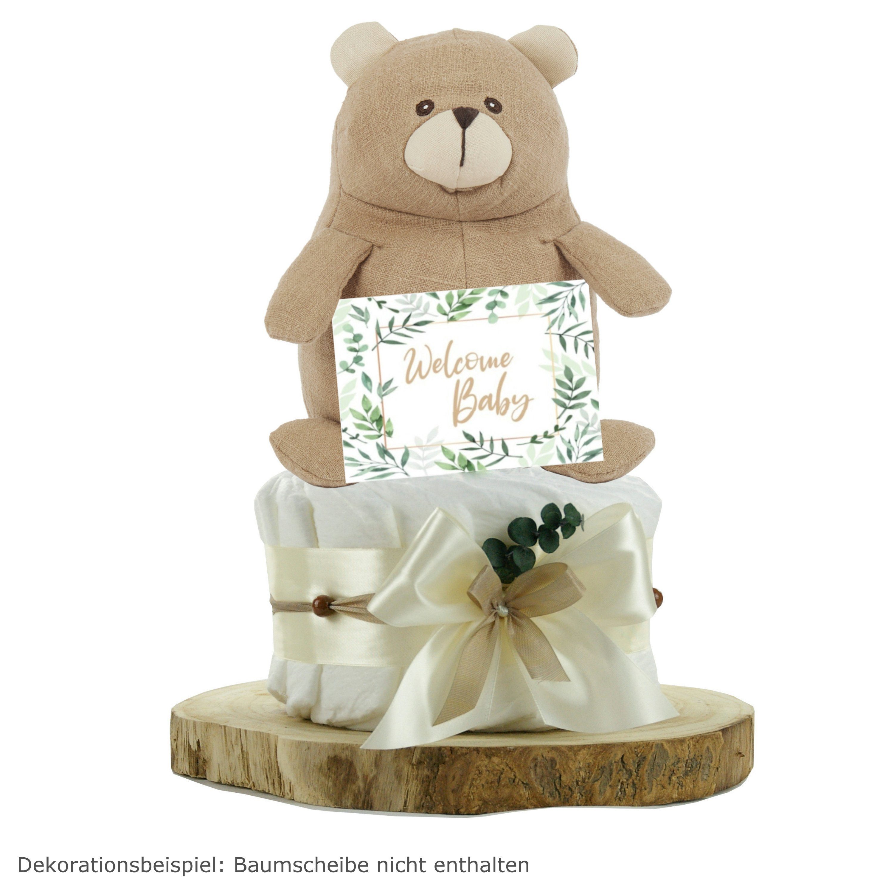Neugeborenen-Geschenkset Windeltorte neutral, Kuschelbär aus 100% Leinen