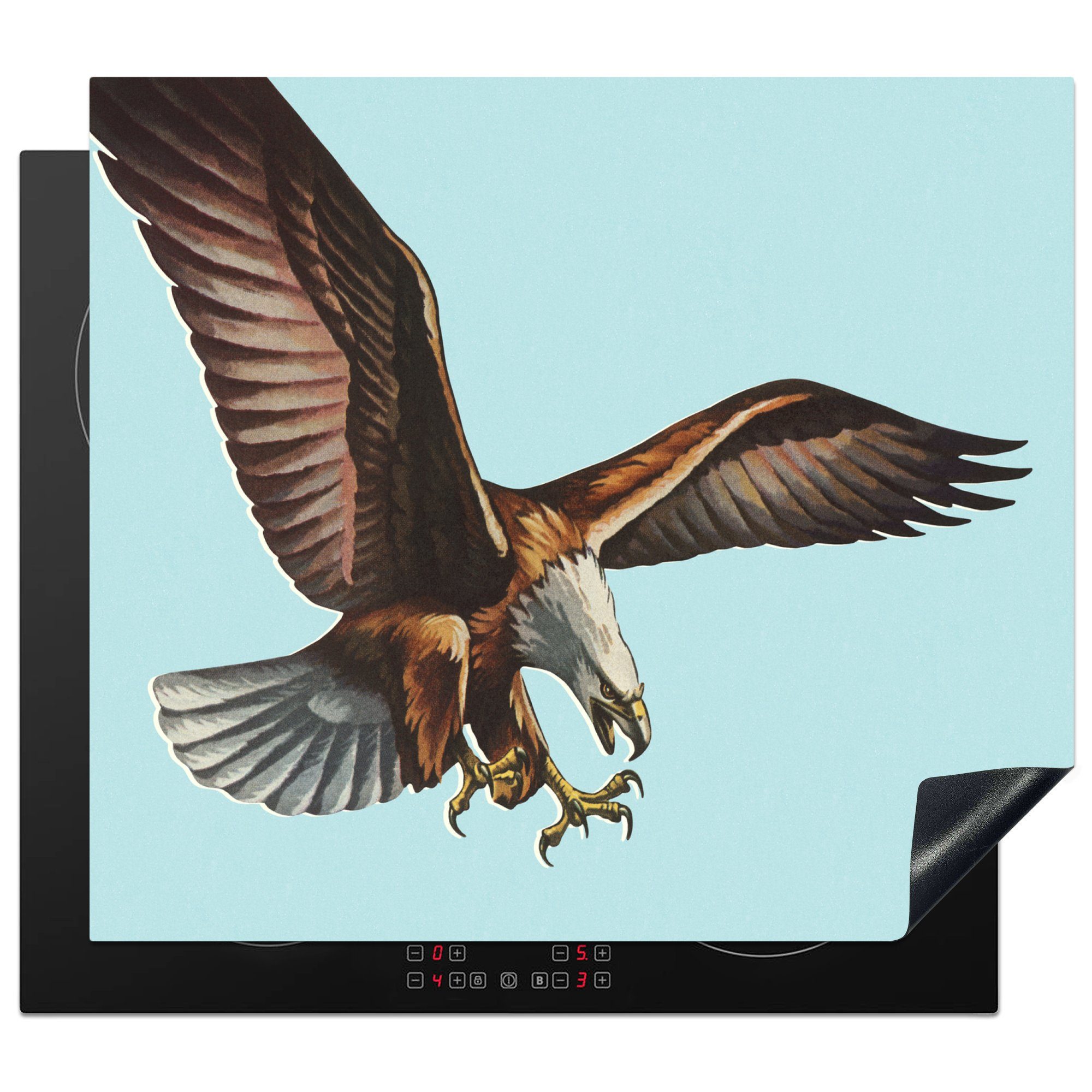 MuchoWow Herdblende-/Abdeckplatte Illustration eines landenden amerikanischen Weißkopfseeadlers, Vinyl, (1 tlg), 60x52 cm, Mobile Arbeitsfläche nutzbar, Ceranfeldabdeckung