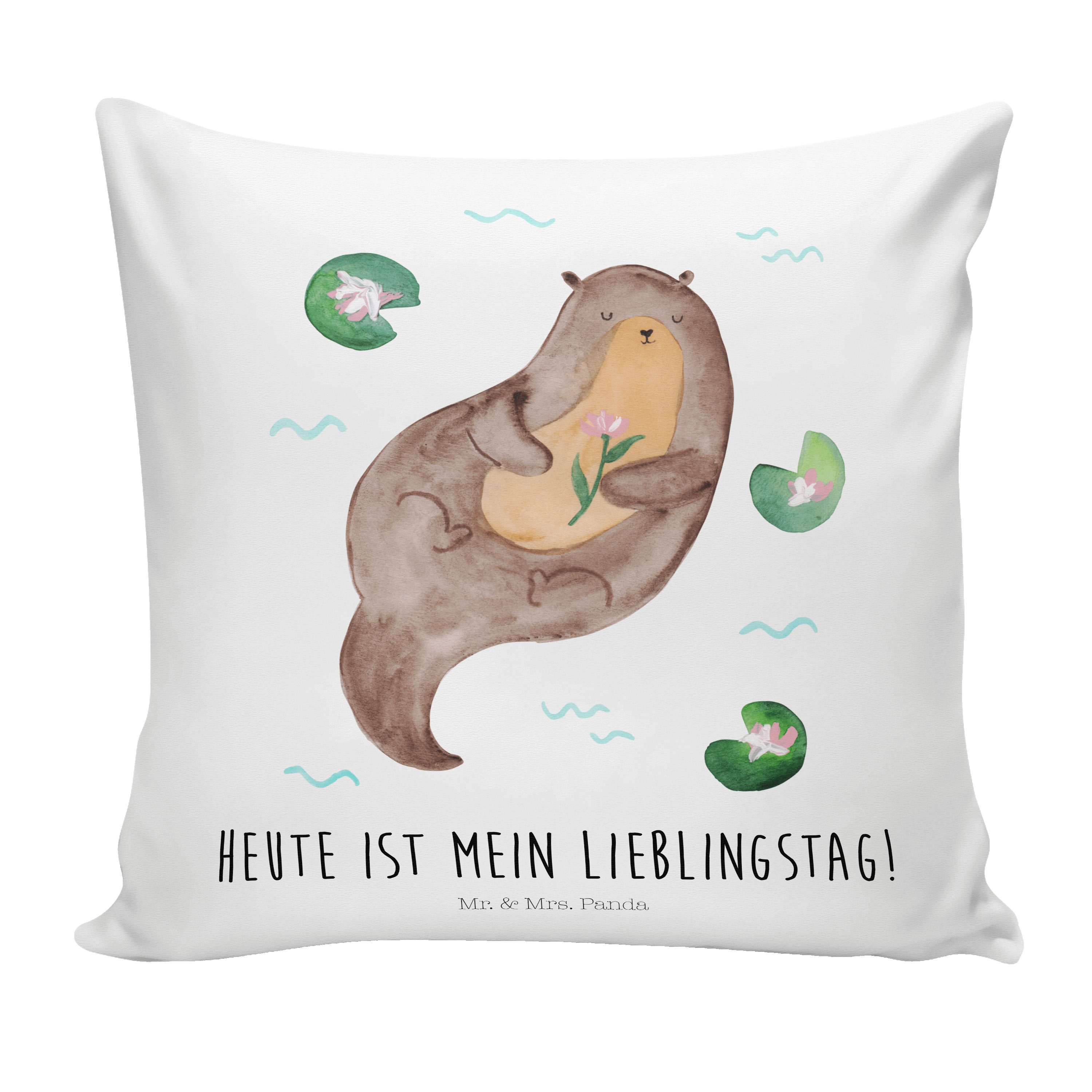 Mr. & Mrs. Panda Dekokissen Otter mit Seerose - Weiß - Geschenk, Sofakissen, Seeotter, Fischotter