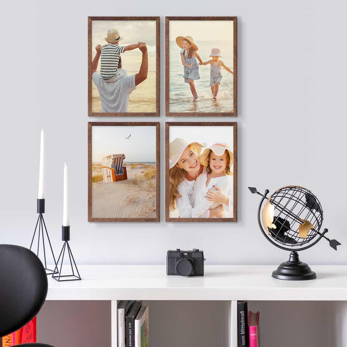 PHOTOLINI Bilderrahmen 4er Set 21x30 cm / A4 Massivholz-Rahmen Modern mit Acrylglas Eiche dunkel