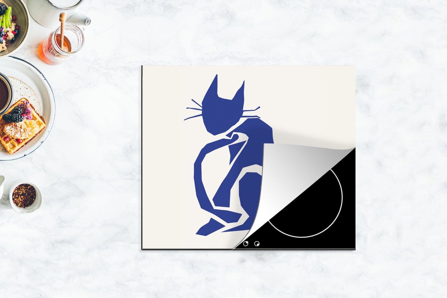 Blau (1 cm, tlg), Katze Mobile MuchoWow Arbeitsfläche - Haustiere Ceranfeldabdeckung - Vinyl, Herdblende-/Abdeckplatte 60x52 Matisse, - nutzbar,