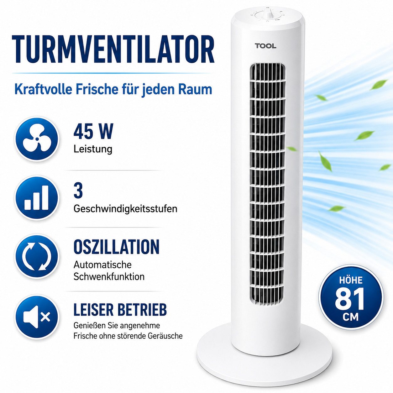 Ertex Turmventilator Standventilator Turmventilator Ventilator 81 cm / 45W Leise Weiß Timer