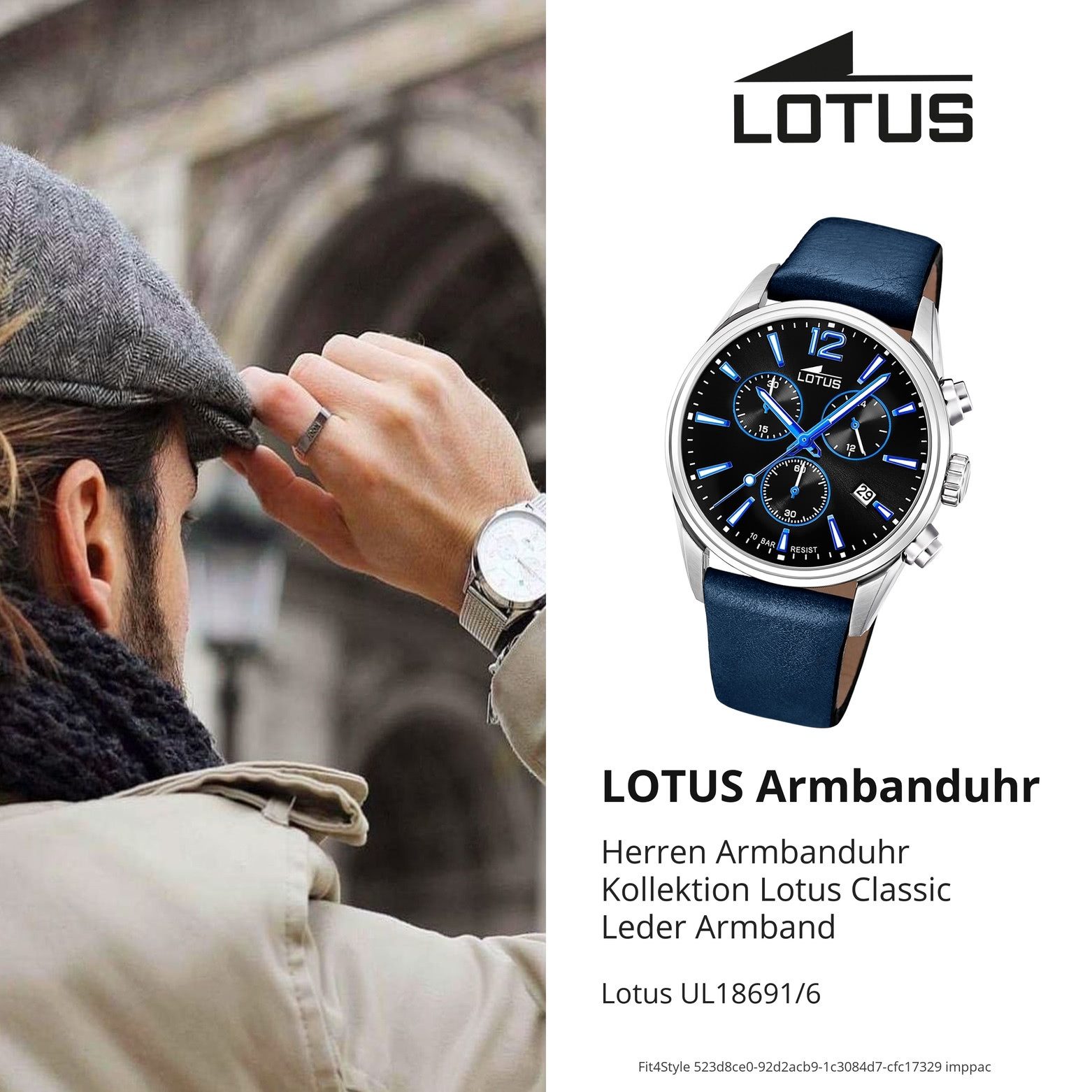 Lotus Chronograph Lotus Herrenuhr Leder blau Lotus Classic, (Chronograph), Herren Armbanduhr rund, groß (ca. 42mm), Edelstahl