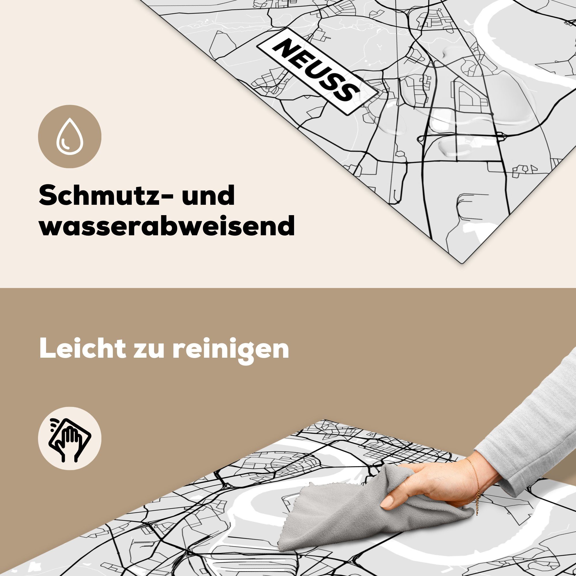 - Karte, cm, Vinyl, MuchoWow küche Arbeitsplatte (1 - Neuss für tlg), Karte - Deutschland Ceranfeldabdeckung, 78x78 Stadtplan Herdblende-/Abdeckplatte -
