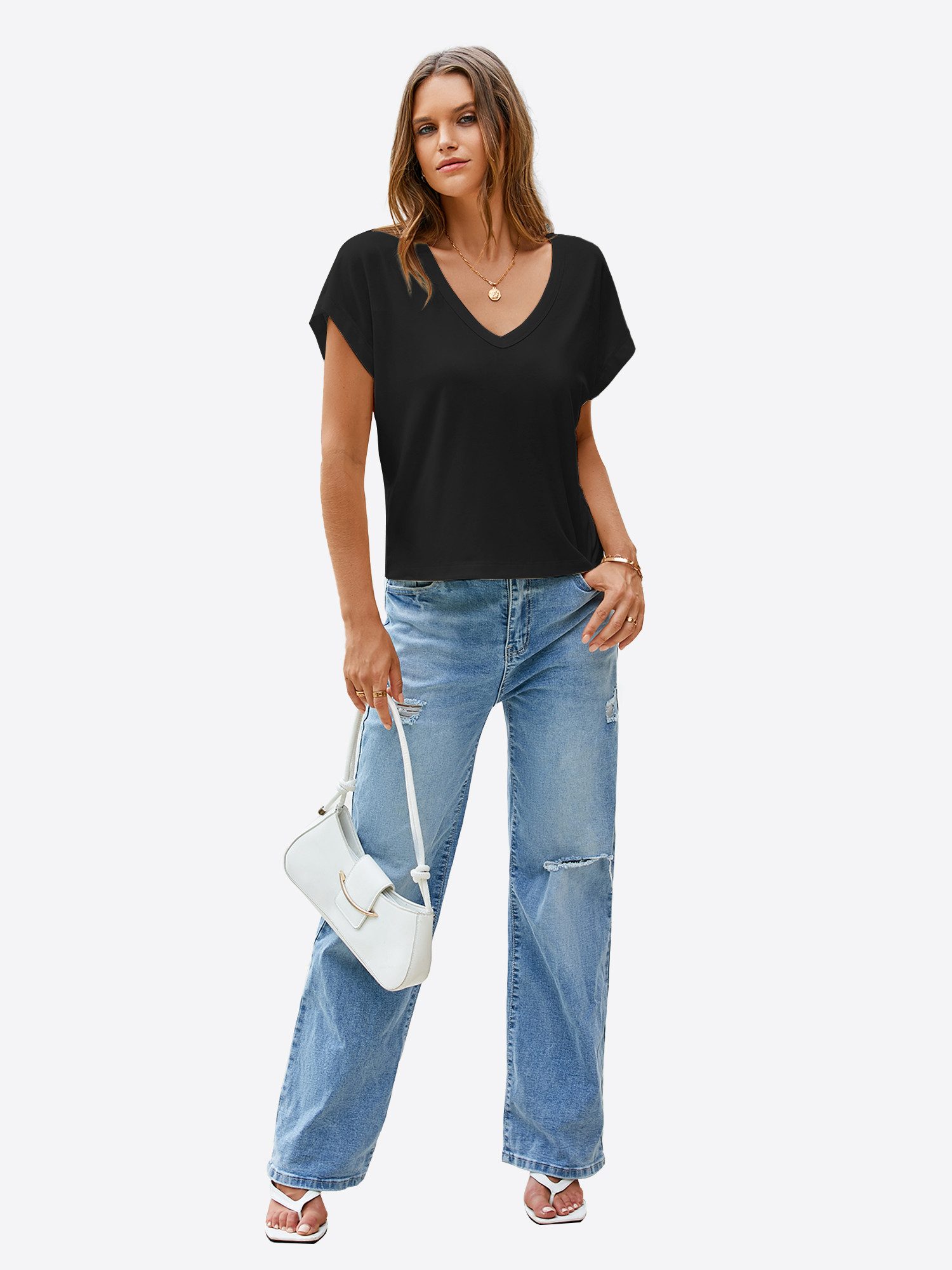 Imily Bela T-Shirt Damen Cropped Tiefer V-Ausschnitt Kurzarm Sommer Casual Basic (Packung, 1-tlg., 1per-Pack) mit Fledermausärmel Locker – Bild 3 von 5