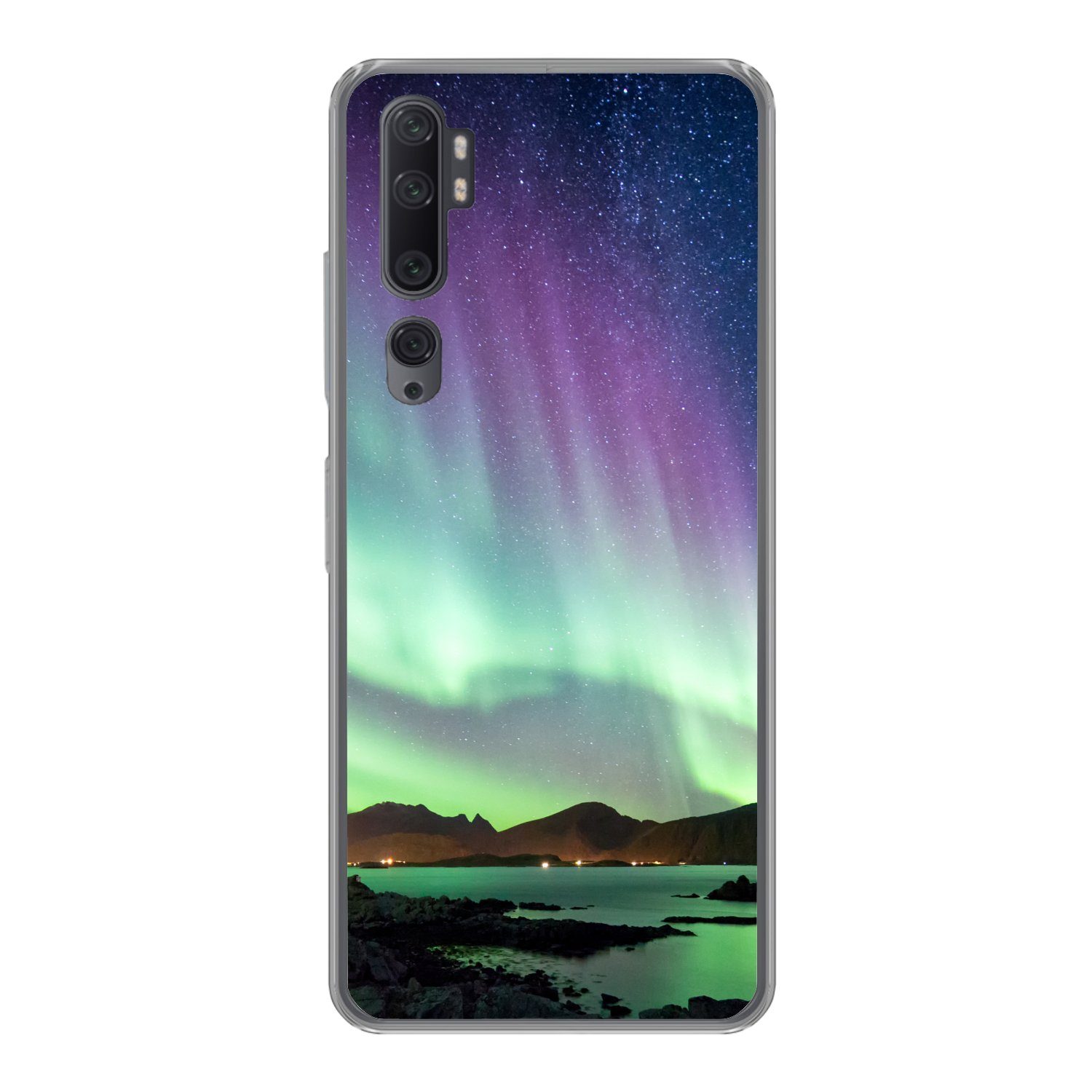 MuchoWow Handyhülle für Xiaomi Mi Note 10 Nordlicht - Grün - Lila - Sternenhimmel - See -