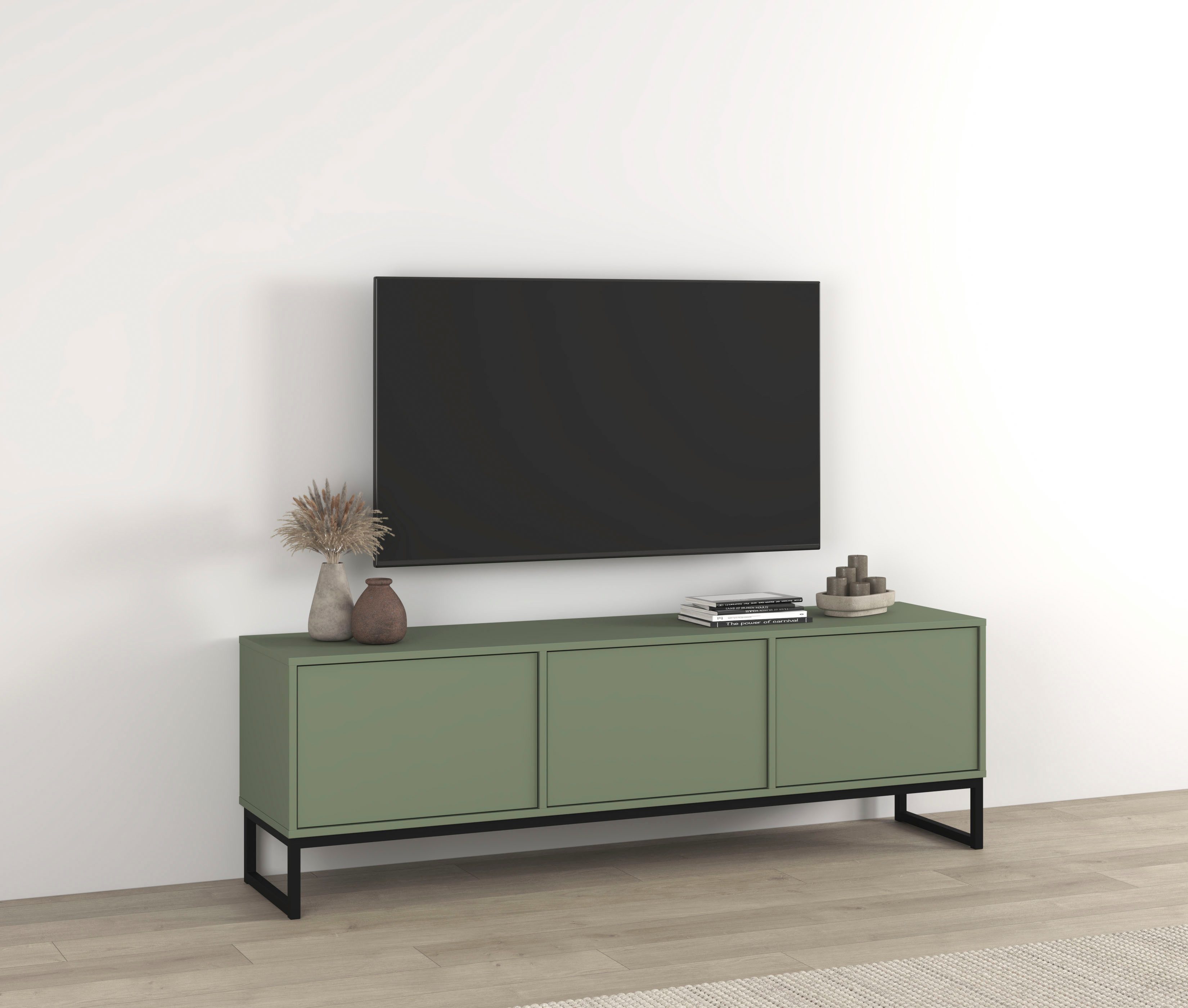 OTTO home Lowboard Loft, Breite 157 cm, TV-Board 3 Klappen, Metallkufen, TV-Kommode mit viel Stauraum, push-to-open-Funktion