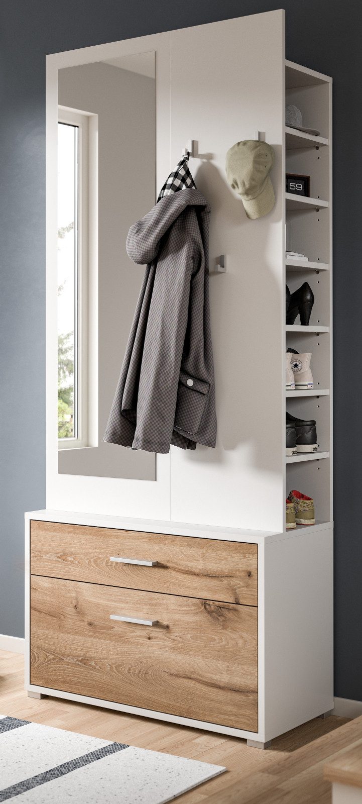 Inn.Furn Kompaktgarderobe Pallas (Garderobe in weiß mit Eiche, 80 x 190 cm) mit Spiegel, Kleiderstange und Schuhregal