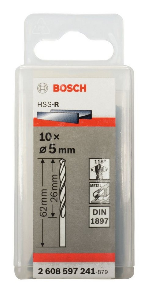 Thumbnail - BOSCH Metallbohrer, (10 Stück), HSS-R (DIN 1897) Karosseriebohrer - 5 x 26 x 62 mm - 10er-Pack