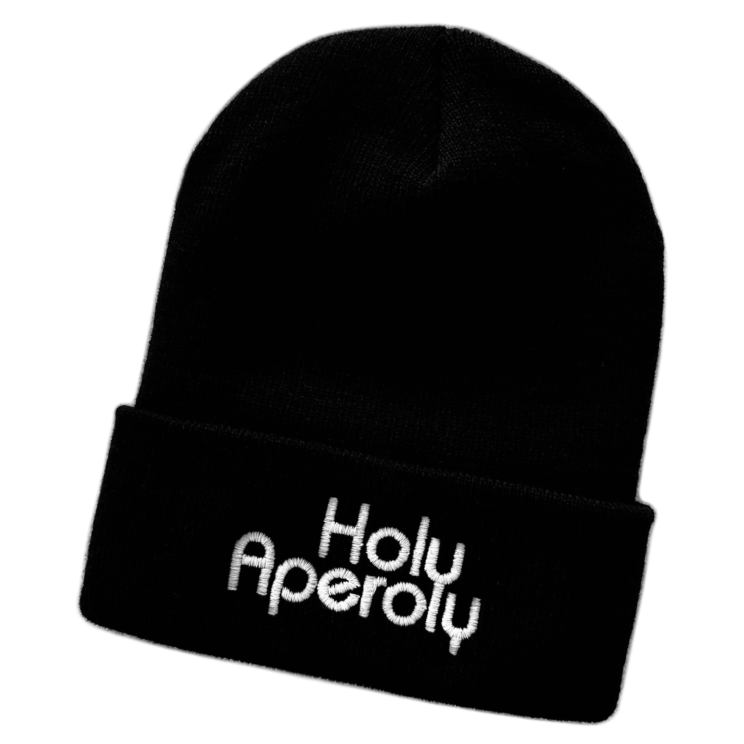 Schnoschi Strickmütze Wintermütze Holy Aperoly (unisex) bestickt Statement Spruch Streetwear mit breitem Umschlag