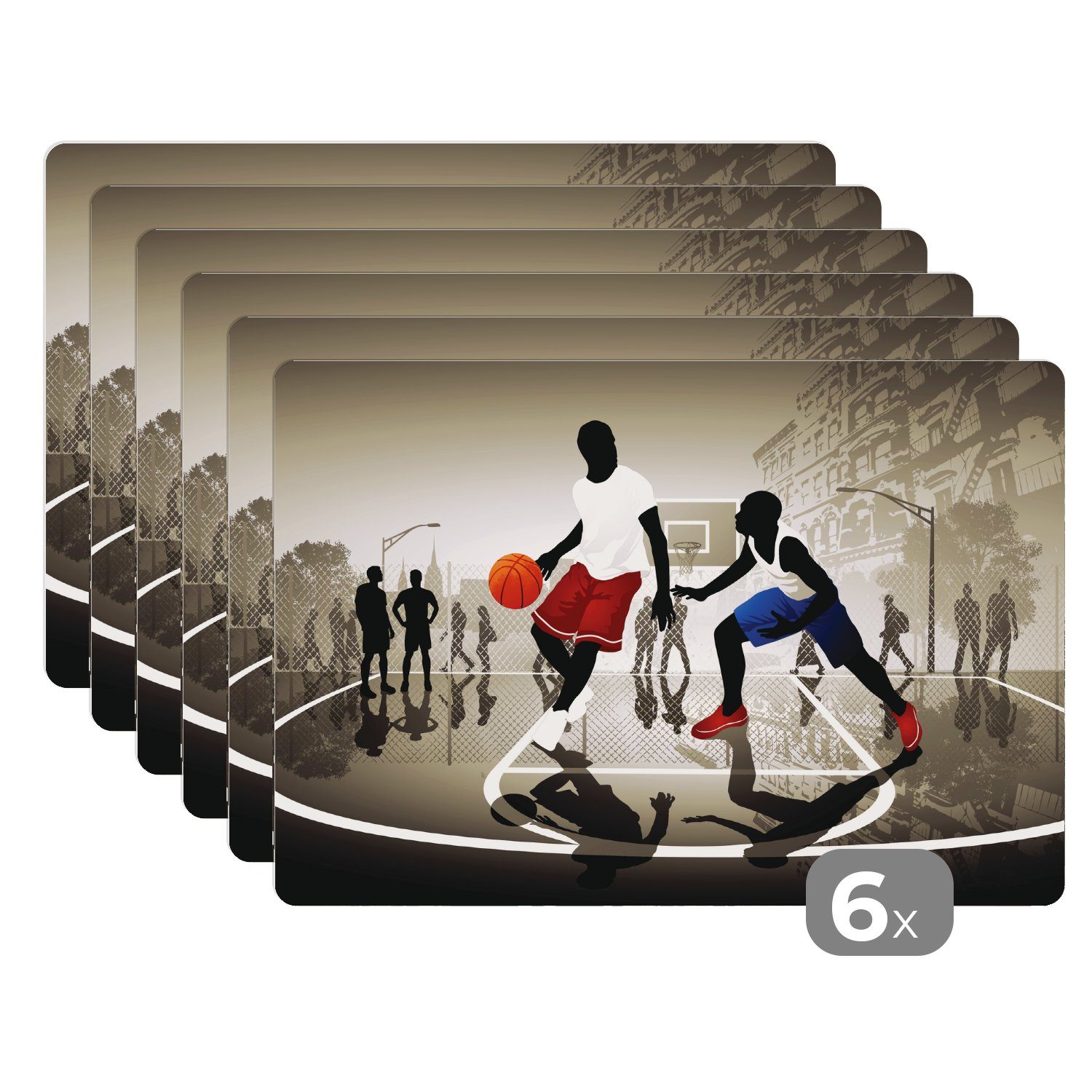 Platzset, Eine Illustration von zwei Basketballspielern auf der Straße, MuchoWow, (6-St), Platzset, Platzdecken, Platzmatte, Tischmatten, Schmutzabweisend