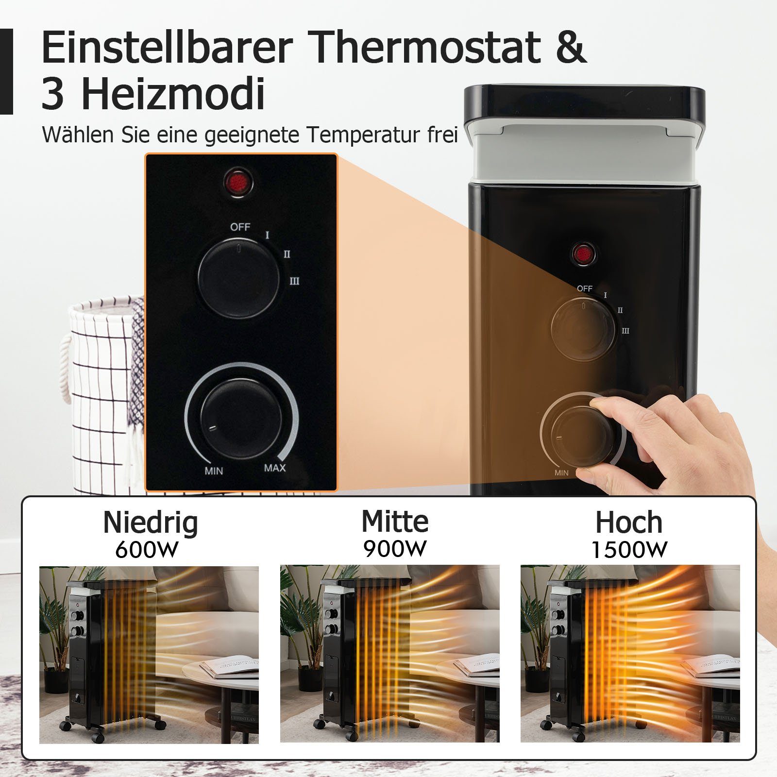 für COSTWAY W, 3 Thermostat 20m², mit Rippen, schwarz Heizstufen, 7 Ölradiator, 1500