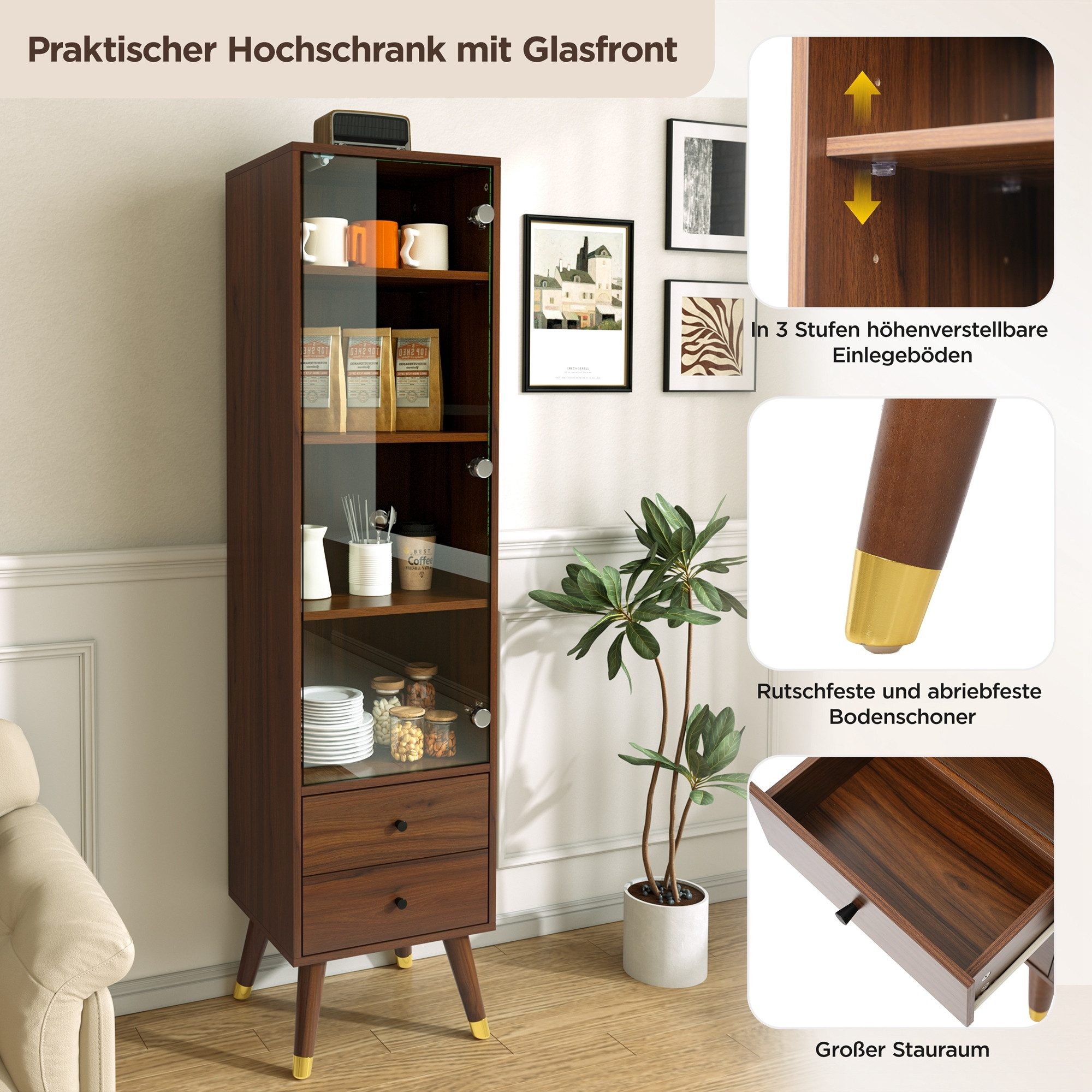 BlingBin Standvitrine Multifunktionaler Vitrinen-Hochschrank mit Glastüren, 2 Schubladen (1er Set, 1-St., 39,8 × 35 × 160 cm) und verstellbaren Ablagen als Standschrank für Wohnzimmer, Bad & Büro