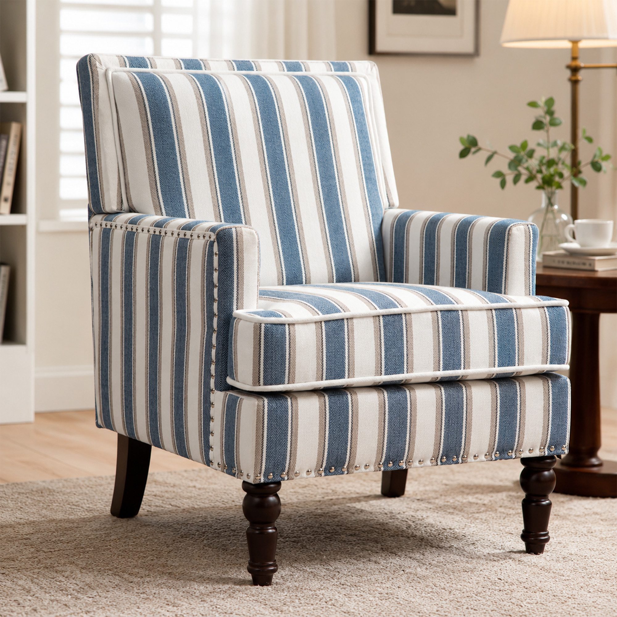 KLAM HOME Loungesessel Retro-Sessel aus blau-weiß gestreiftem Baumwoll-Leinenstoff (Wohnzimmer Sessel mit edler Nagelkopfeinfassung & Massivholzrahmen), Bequemer Polster-Sessel mit Hochdicht-Schaum für stilvolle Innenräume