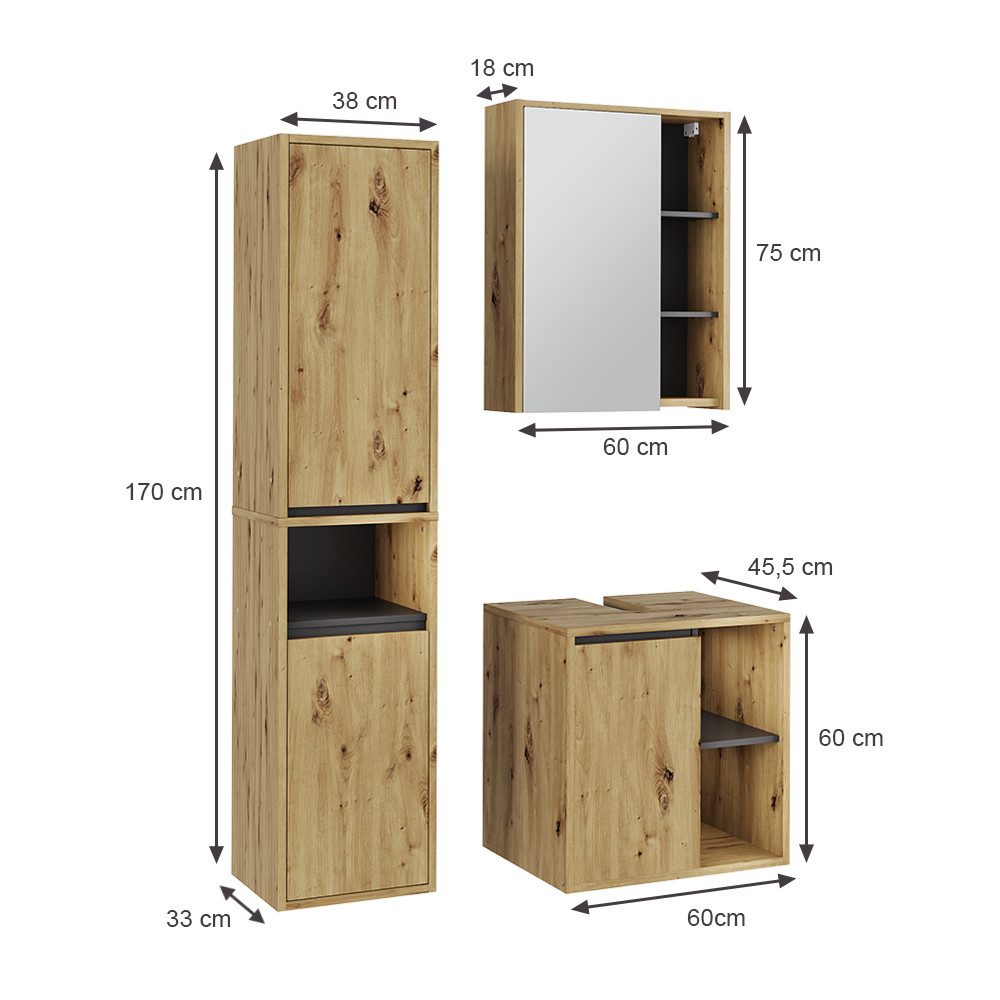 Vicco Badmöbel-Set Viola, Artisan/Grau, 3 Teile, günstig online kaufen