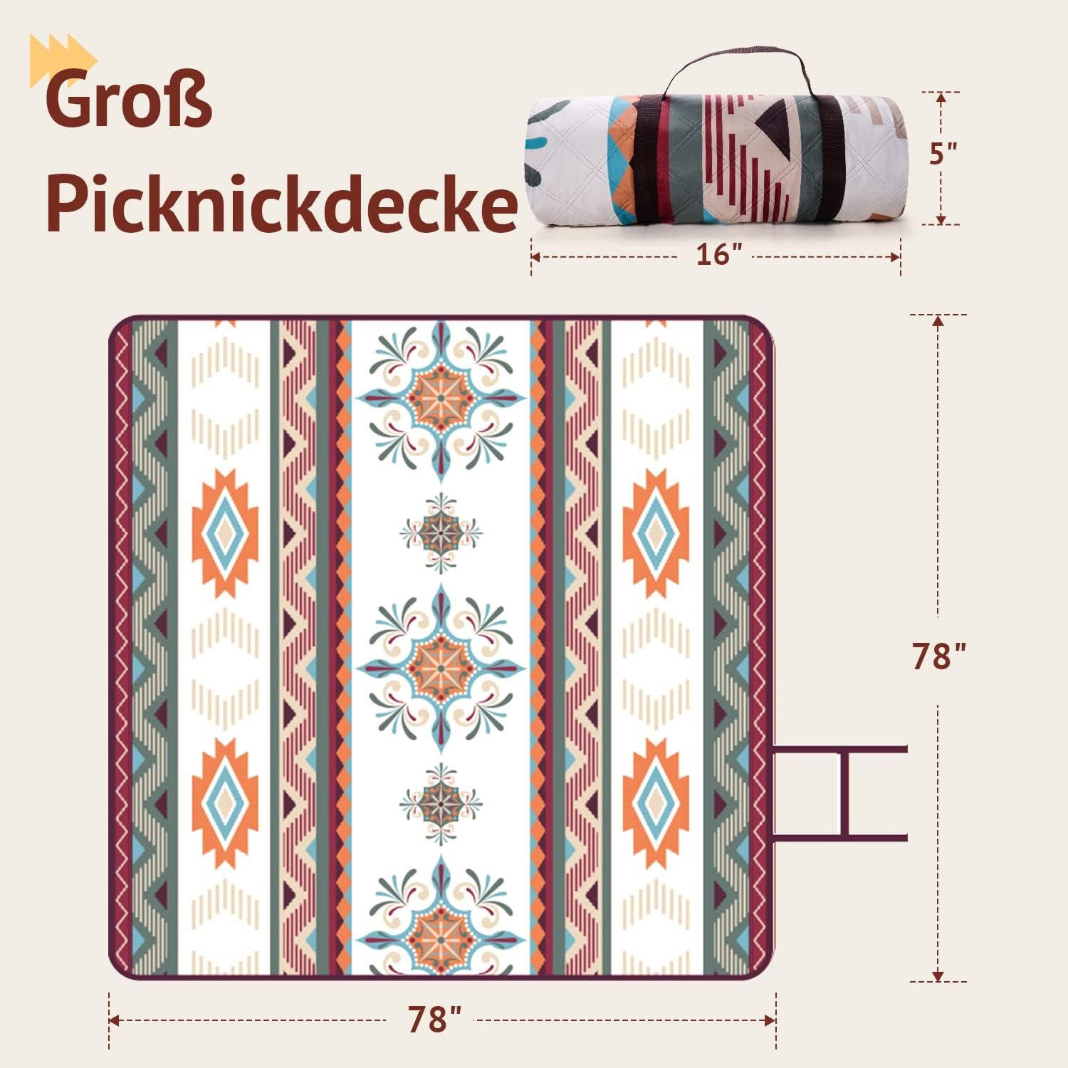 Picknickdecke Outdoor Picknickdecke 200x200cm, Tragbare Waschbar Strandunterlage, TUWENA