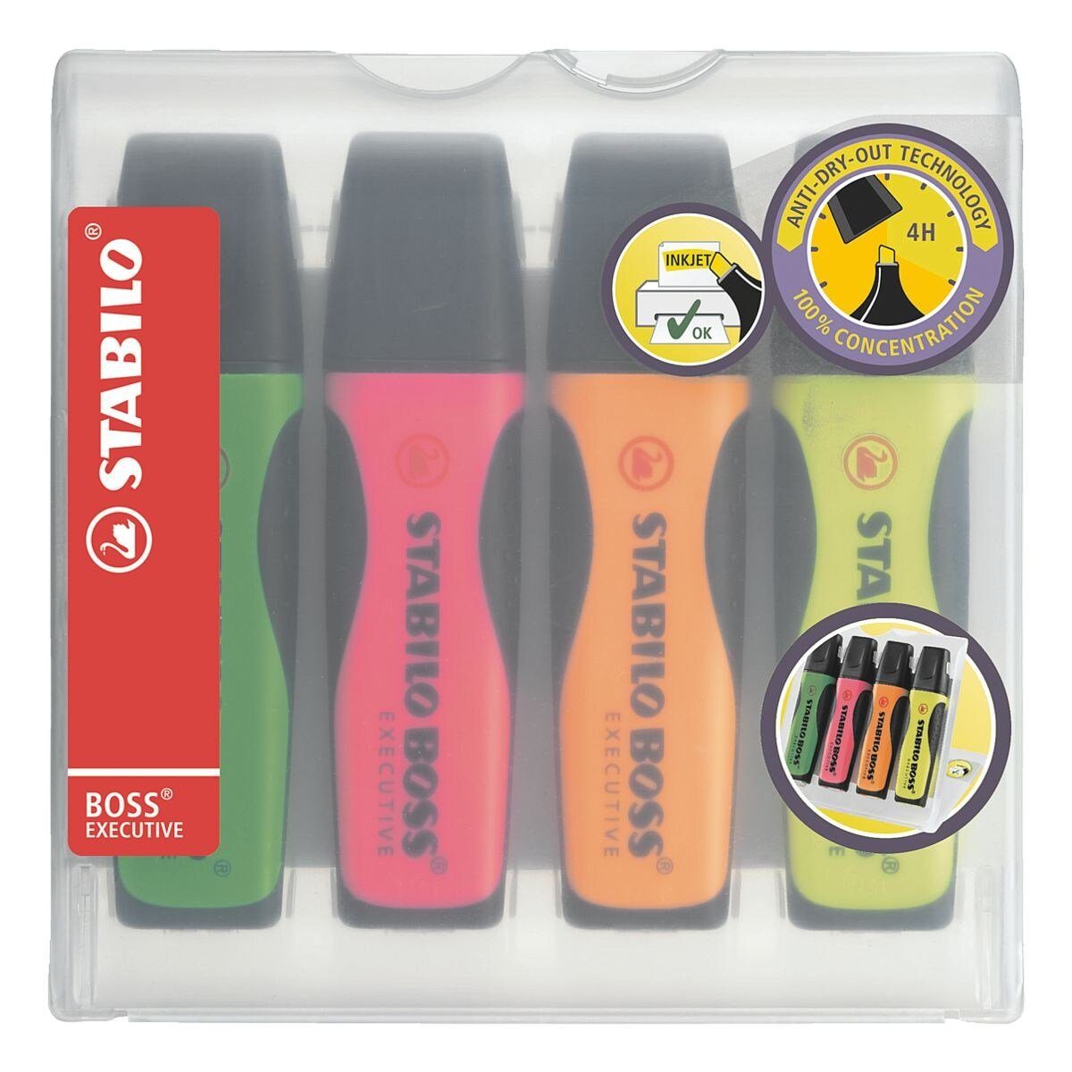 STABILO Marker BOSS® Executive, (4-tlg), Textmarker, schnelltrockend gelb, grün, orange, pink